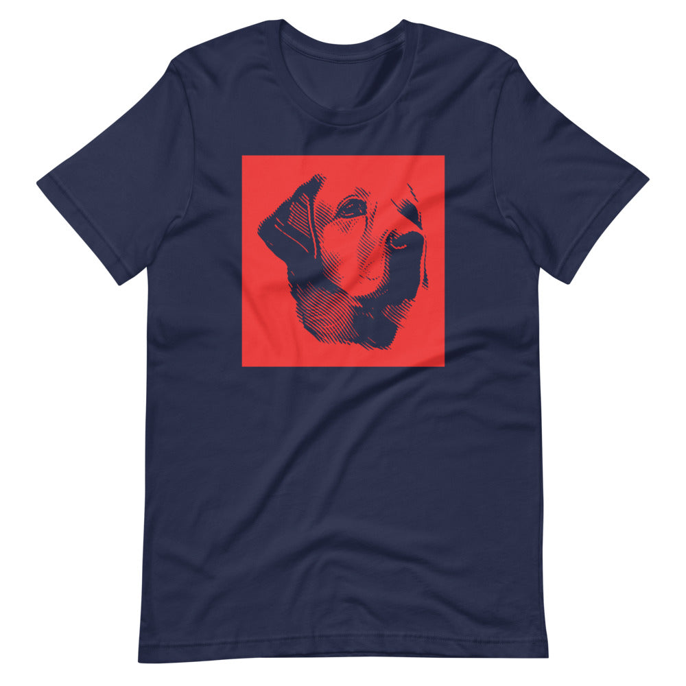 Labrador face halftone with red background square on unisex navy t-shirt