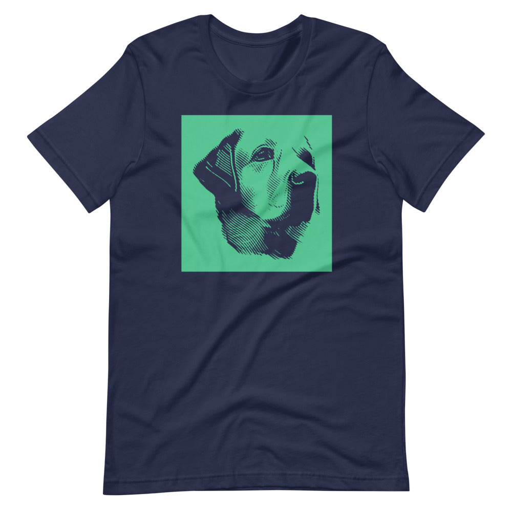 Labrador face halftone with green background square on unisex navy t-shirt