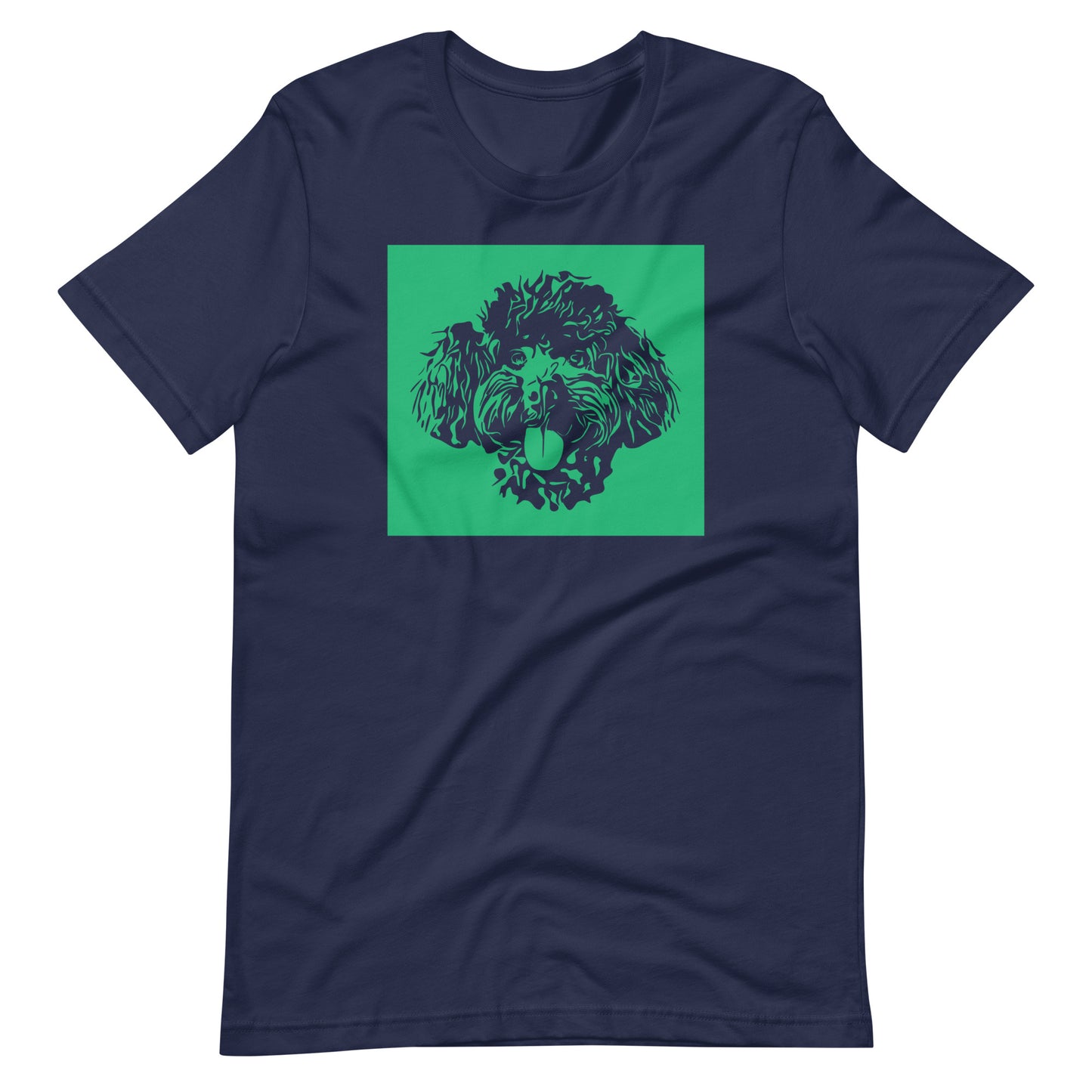Toy Poodle face silhouette with green background square on unisex navy t-shirt