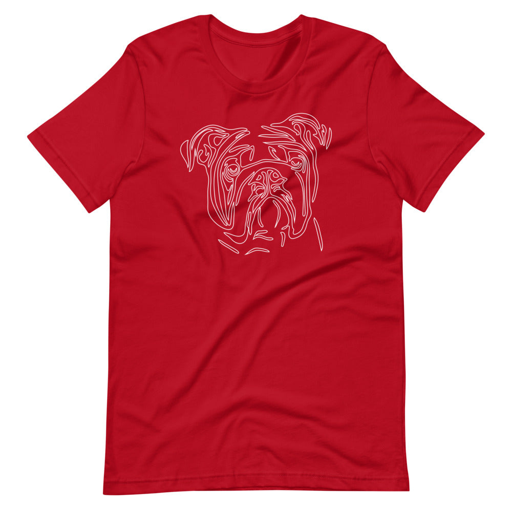 White line Bulldog face on unisex red t-shirt