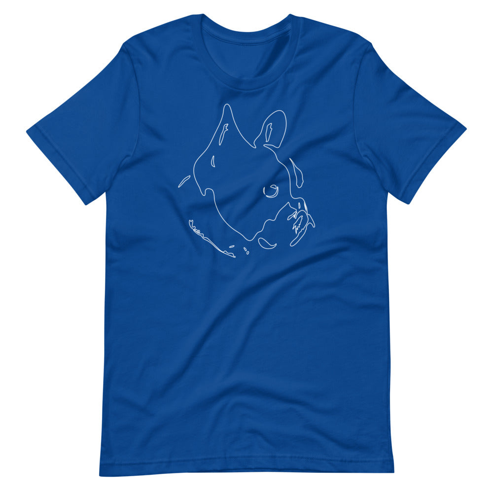 White line French Bulldog face on unisex true royal t-shirt
