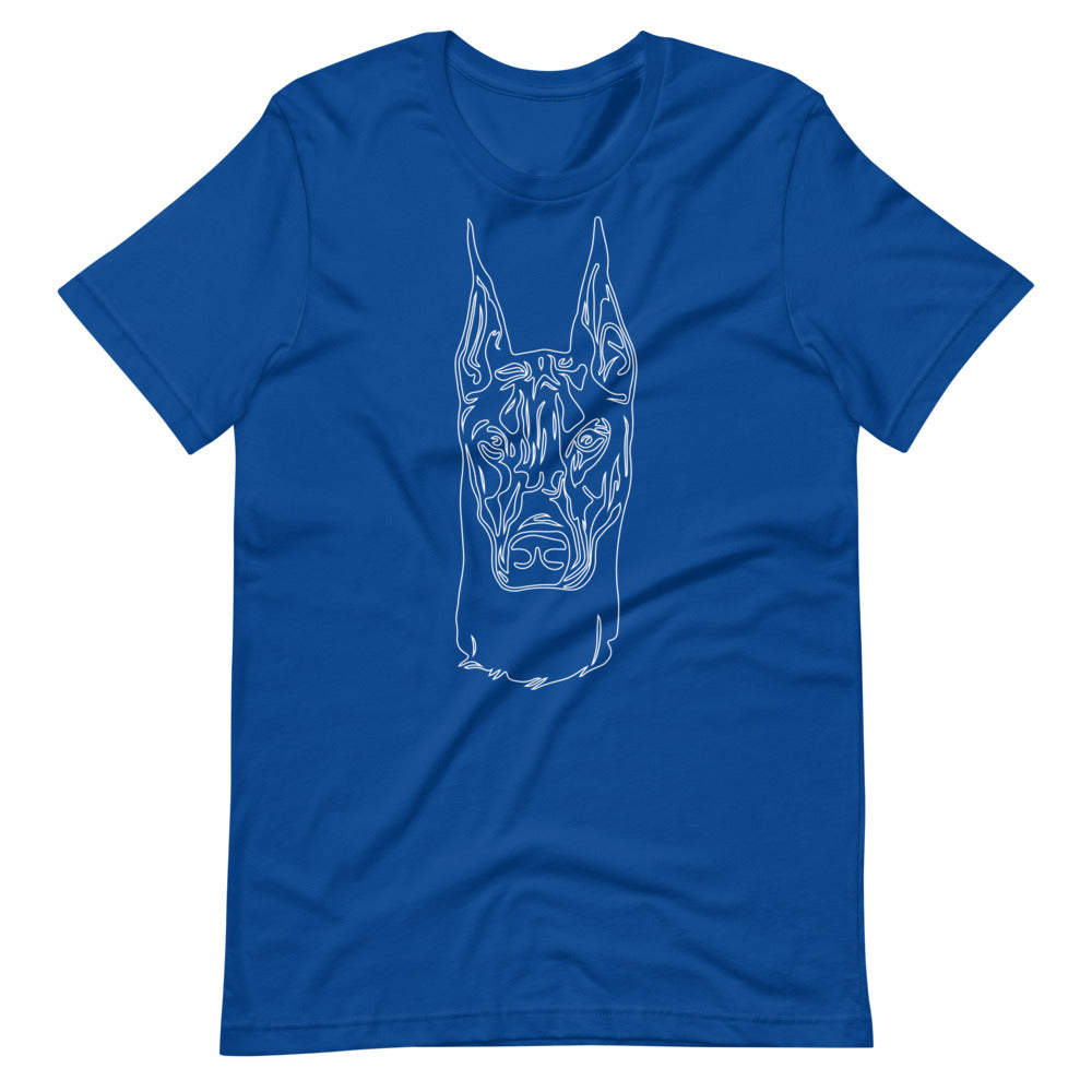 White line Doberman face on unisex true royal t-shirt