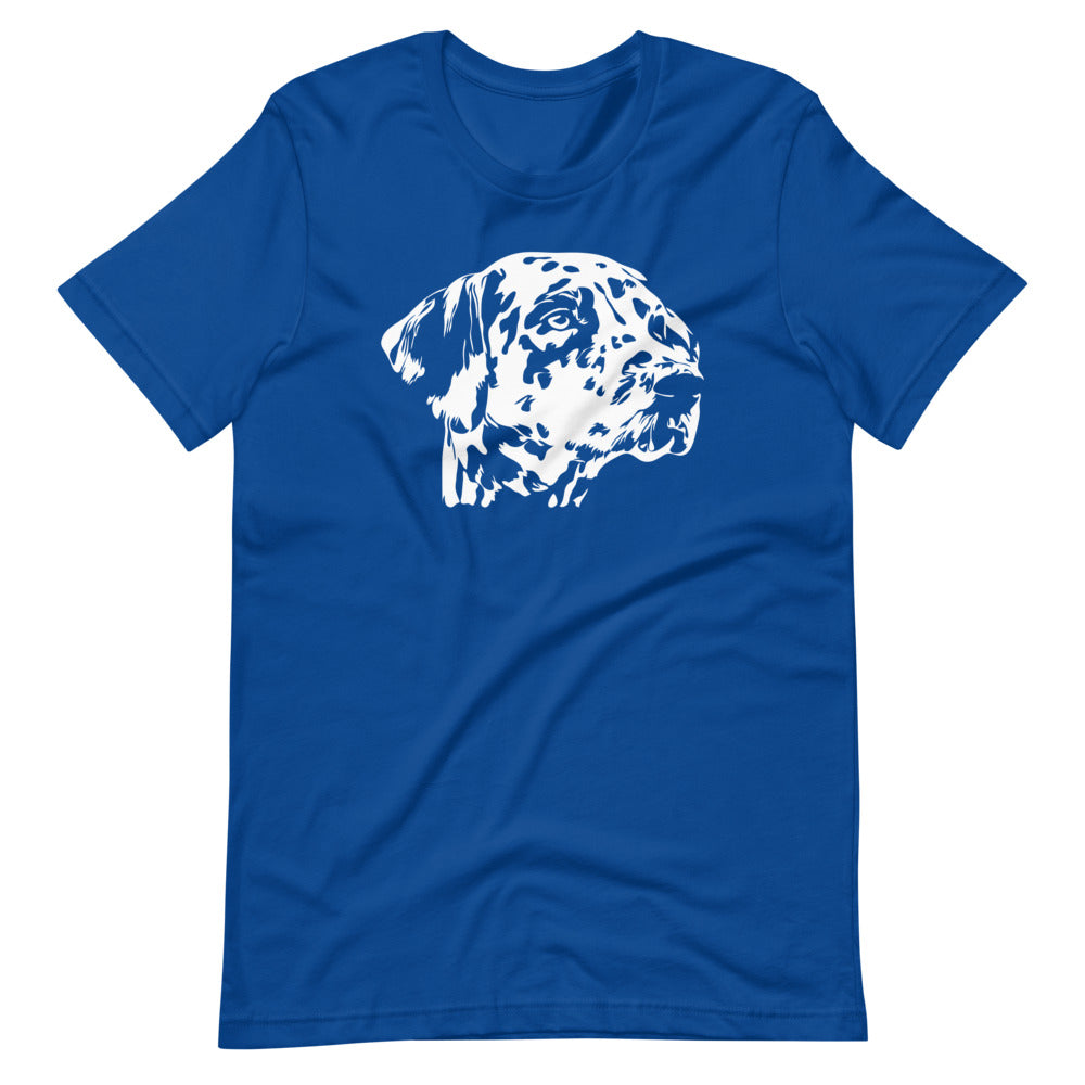 White Dalmatian face silhouette on unisex true royal t-shirt