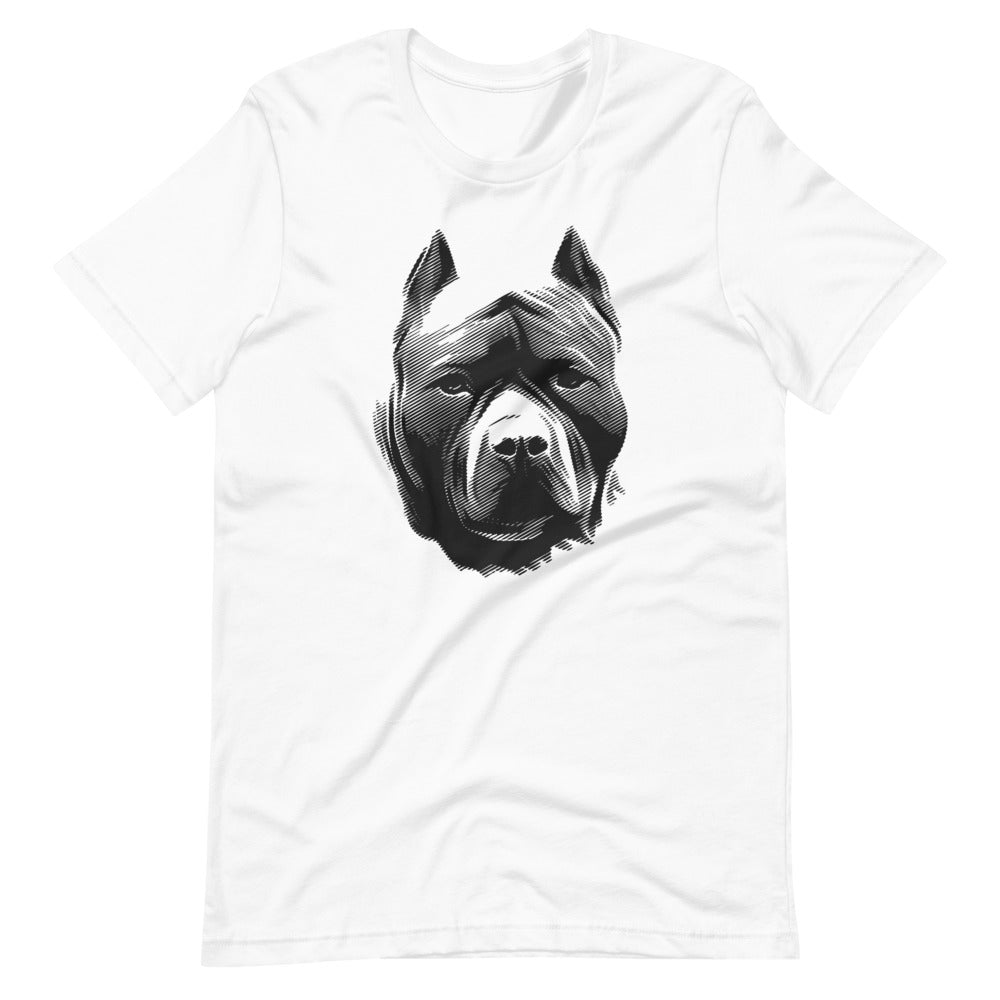 Pit Bull face halftone silhouette on unisex white t-shirt