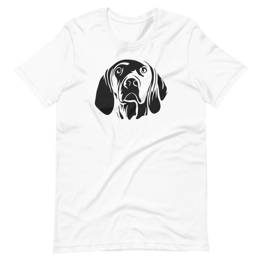Black Vizsla face silhouette on unisex white t-shirt