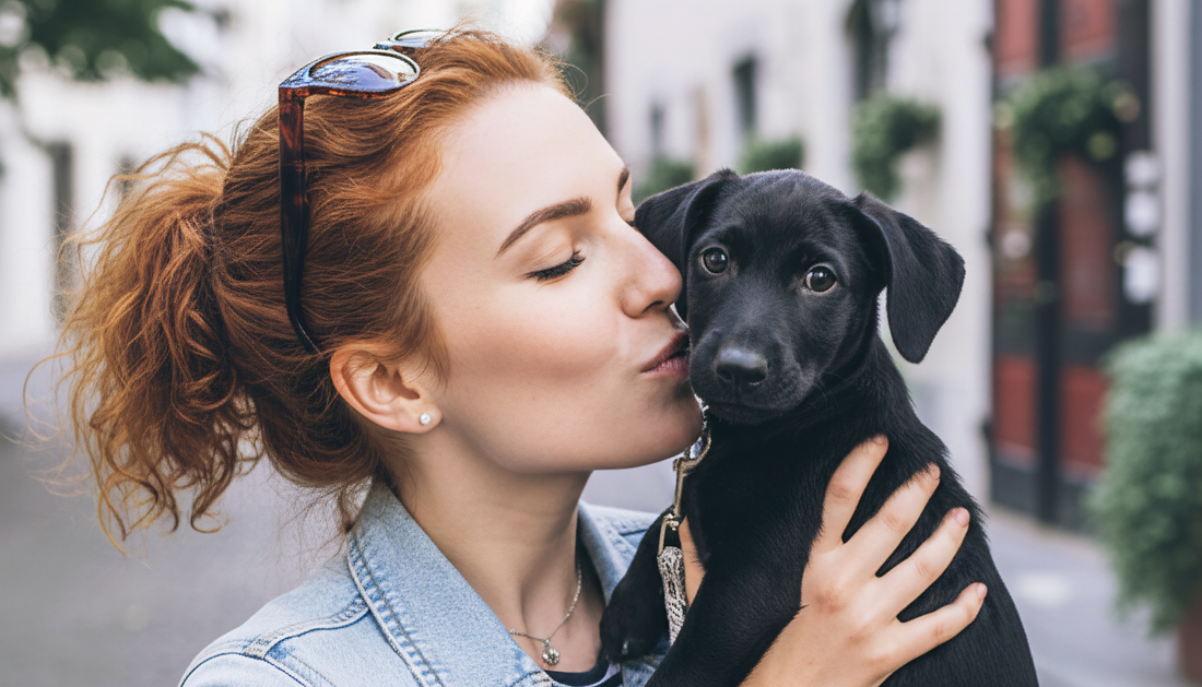 Woman kissing her puppy, showing the emotional benefits of owning a dog and the bond between dog and owner