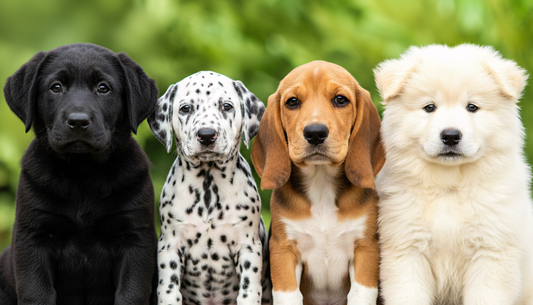 Four adorable puppies of different breeds, a black Labrador, a spotted Dalmatian, a brown Beagle, and a fluffy white Samoyed, sitting side by side on a green background. Representing the joy and variety of puppy power and the benefits of raising a puppy.