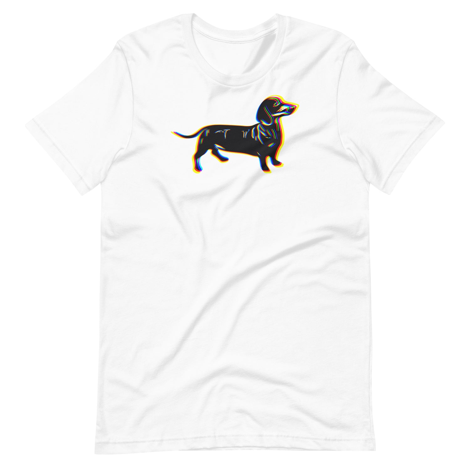 Dachshund wiener dog full body portrait with colorful 3d glitch chromatic aberration effect printed on a white unisex t-shirt front view