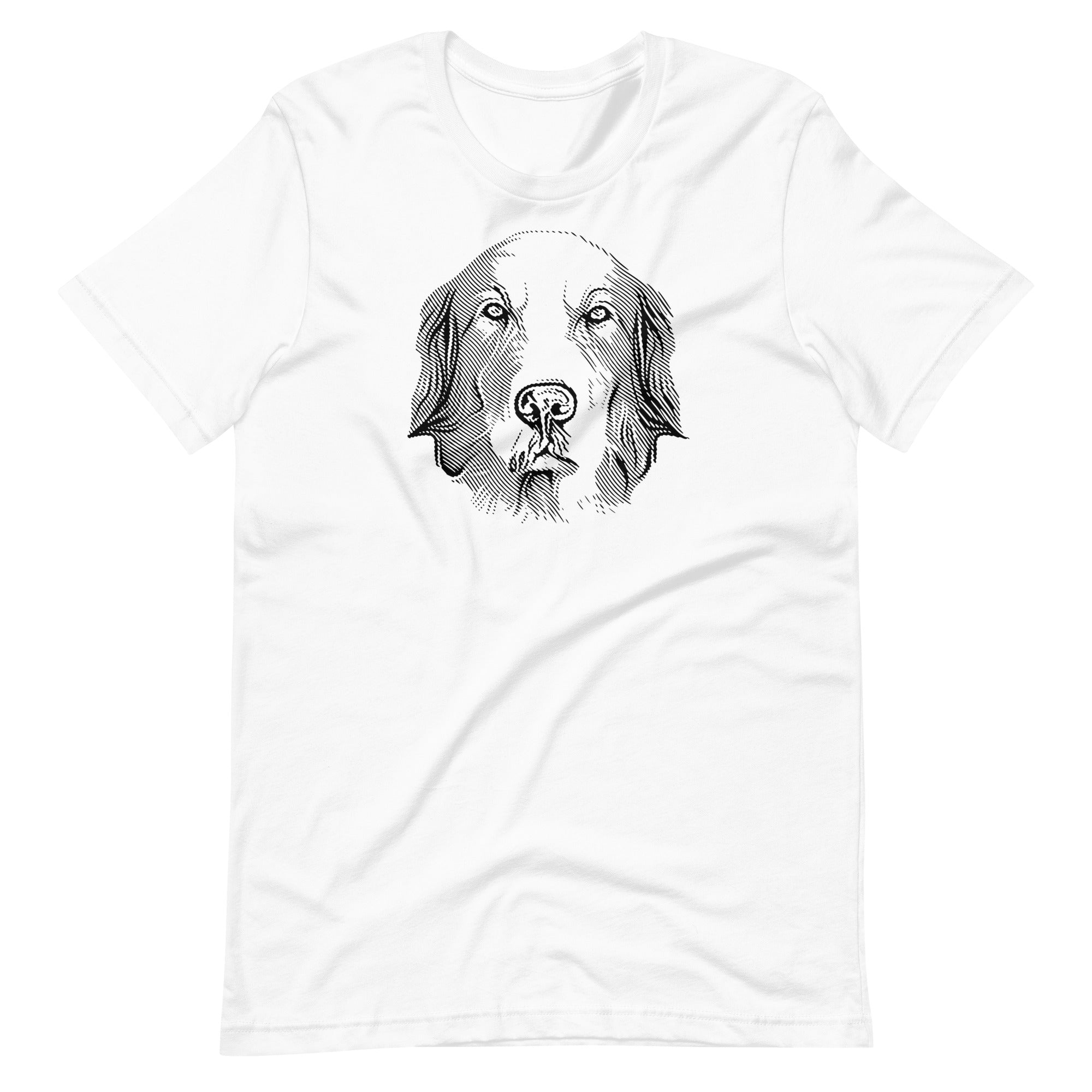 Detailed black ink engraving linework golden retriever dog portrait printed on a white unisex t-shirt front view