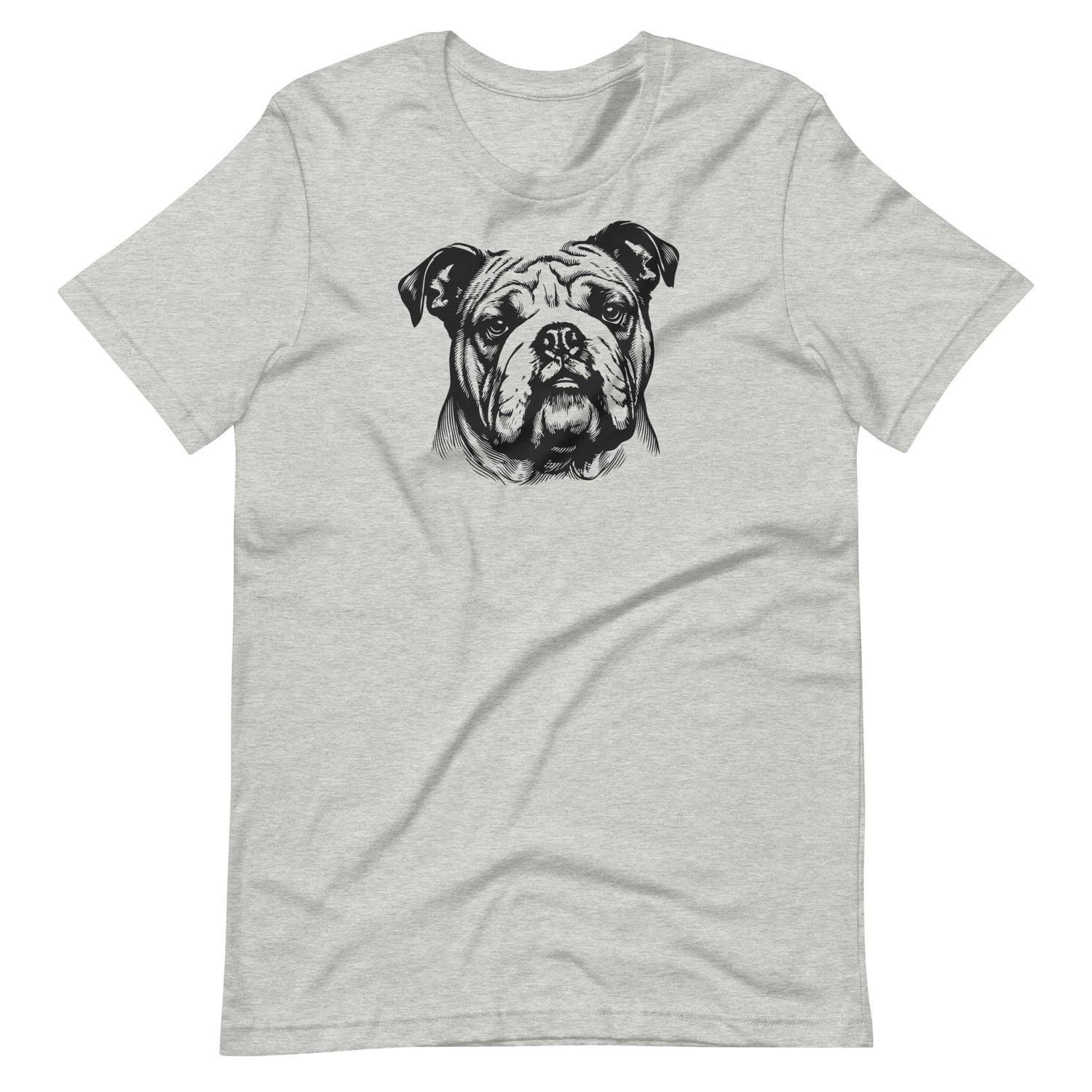 Black ink sketch art bulldog portrait printed on an athletic-heather unisex t-shirt front view