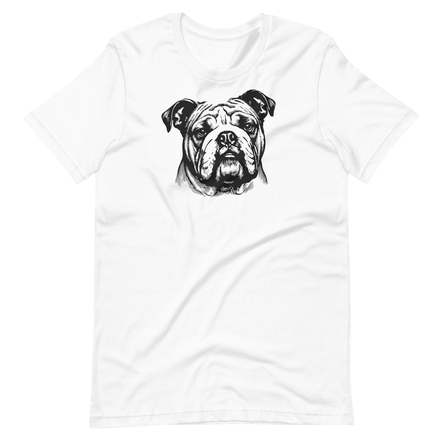 Black ink sketch art bulldog portrait printed on a white unisex t-shirt front view