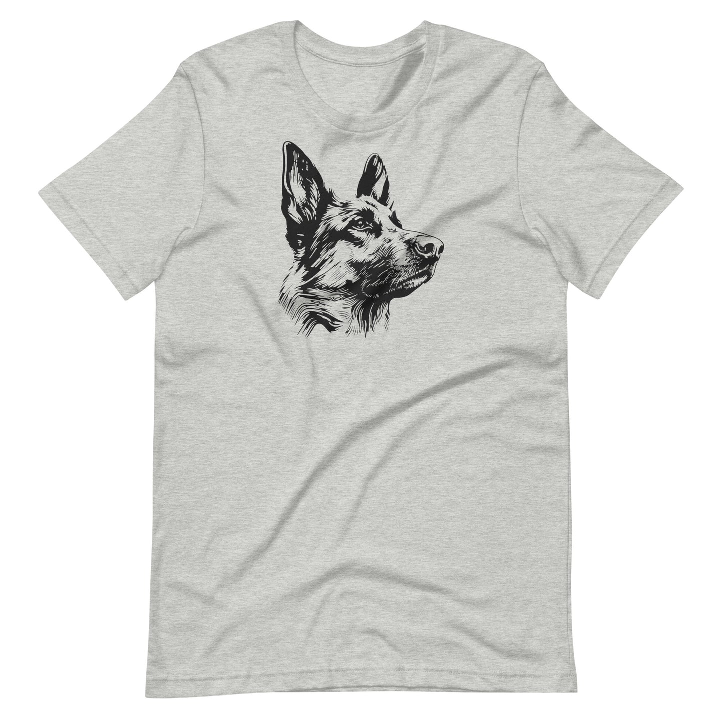 Black ink sketch art German Shepherd dog portrait printed on an athletic heather gray unisex t-shirt front view