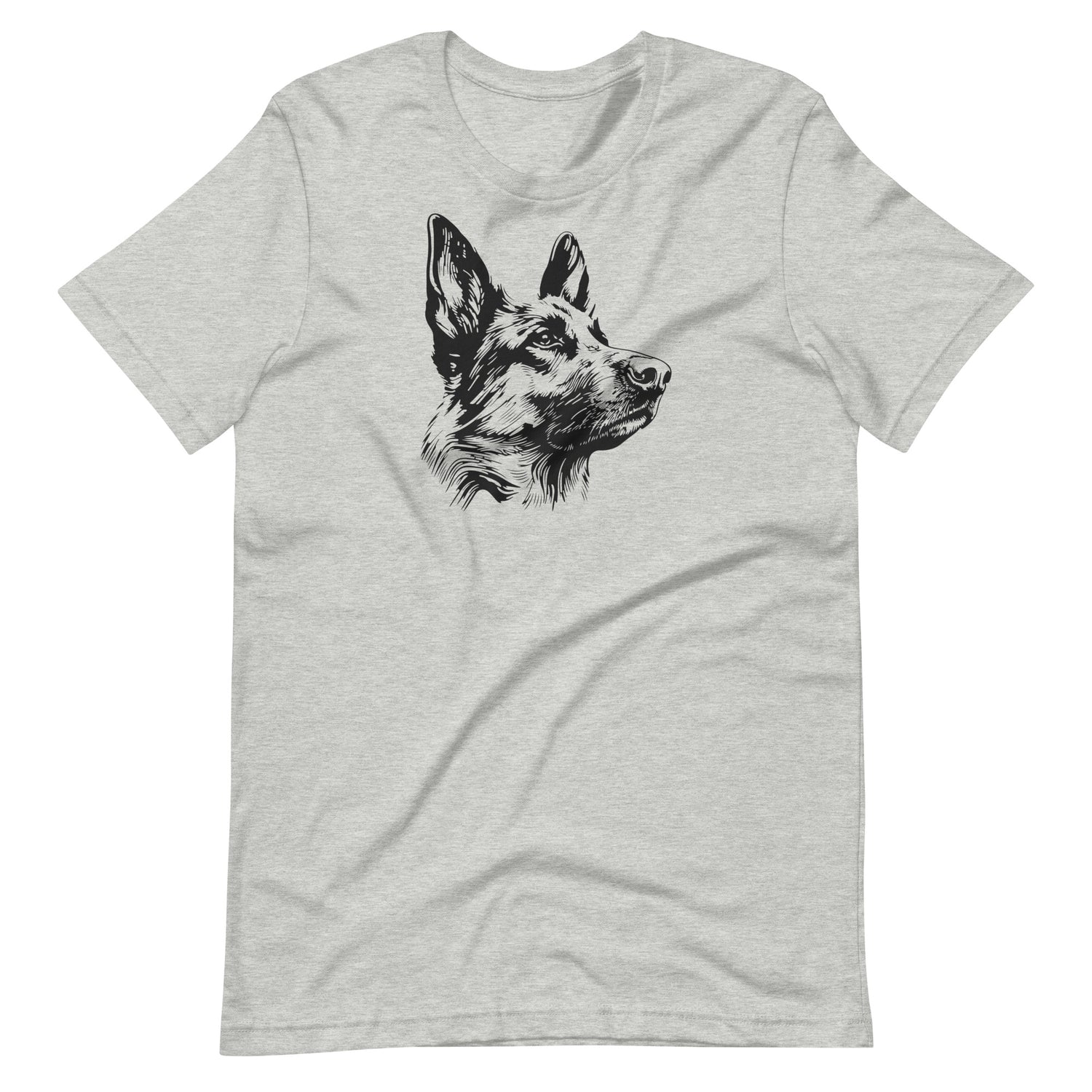 Black ink sketch art German Shepherd dog portrait printed on an athletic heather gray unisex t-shirt front view