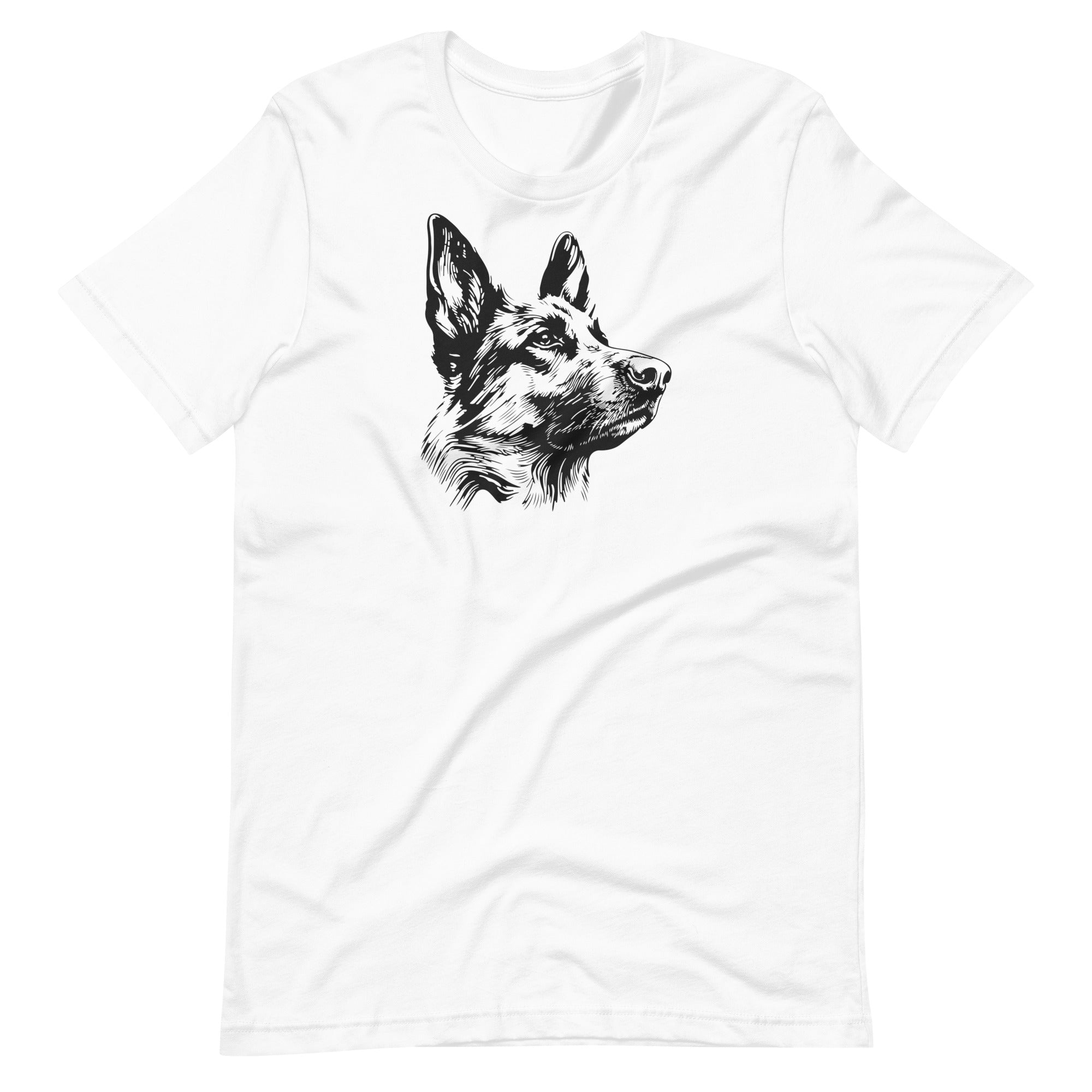 Black ink sketch art German Shepherd dog portrait printed on a white unisex t-shirt front view