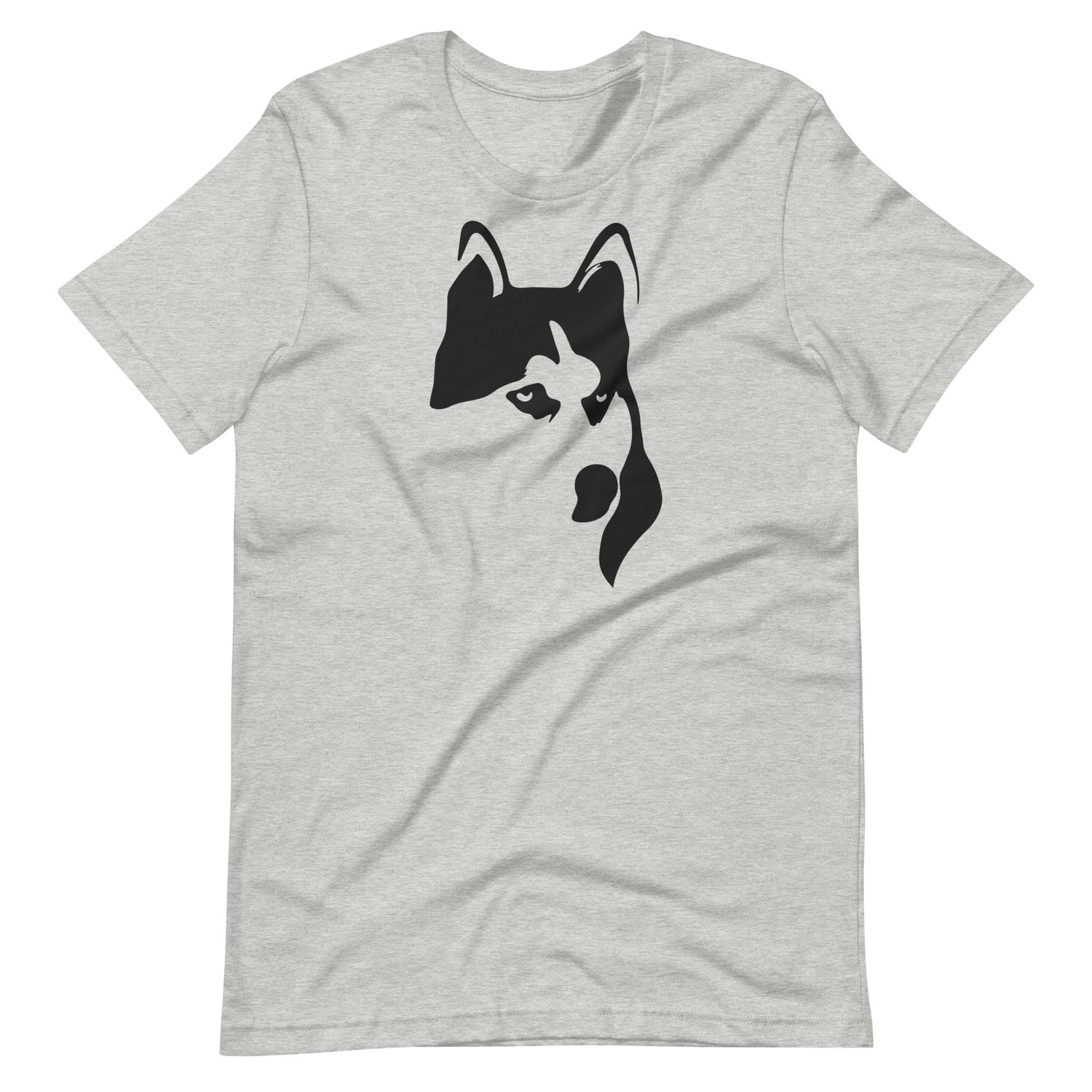 Black high contrast husky dog head silhouette art printed on an athletic heather gray unisex t-shirt front view