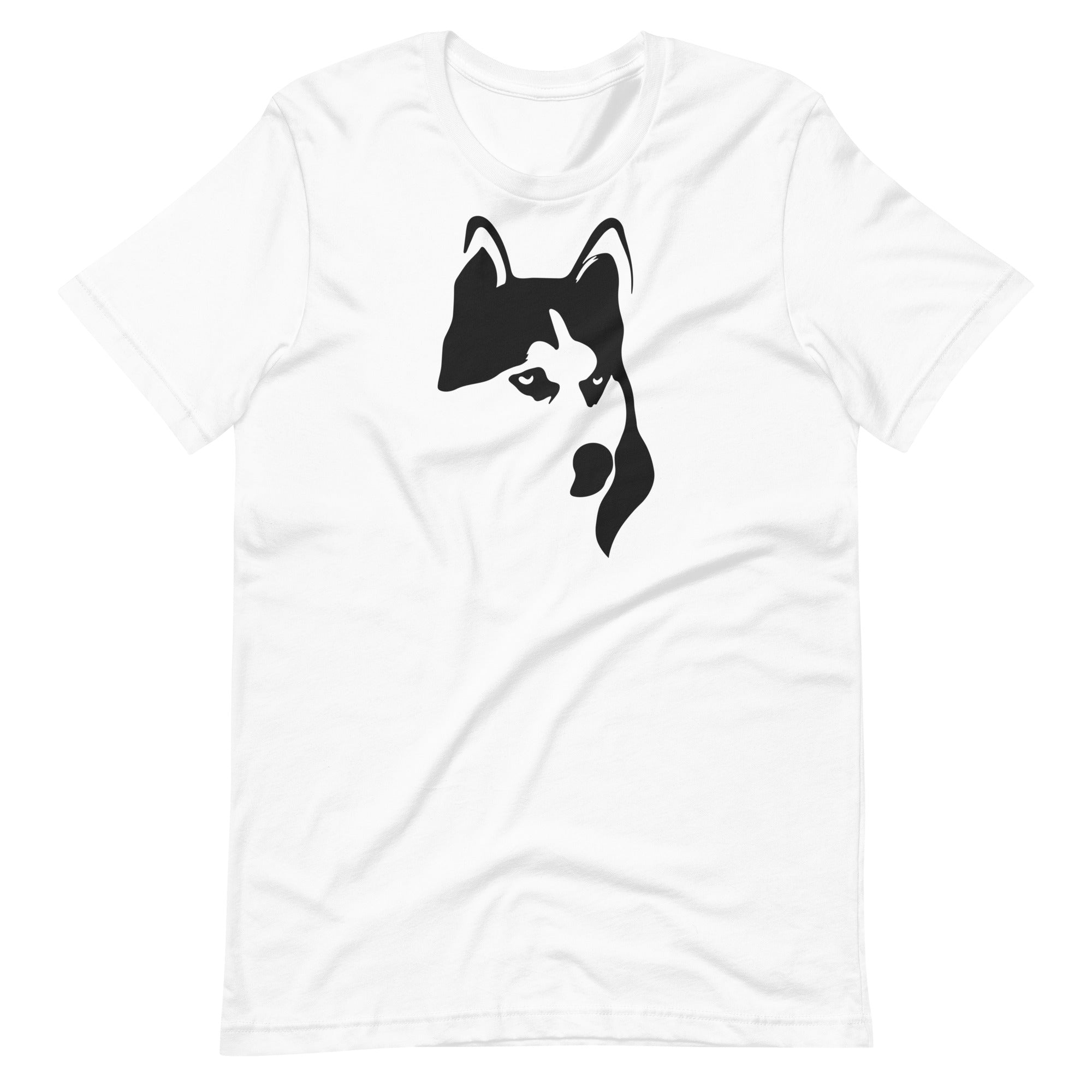 Black high contrast husky dog head silhouette art printed on a white unisex t-shirt front view