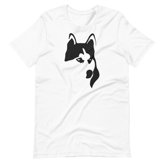 Black high contrast husky dog head silhouette art printed on a white unisex t-shirt front view