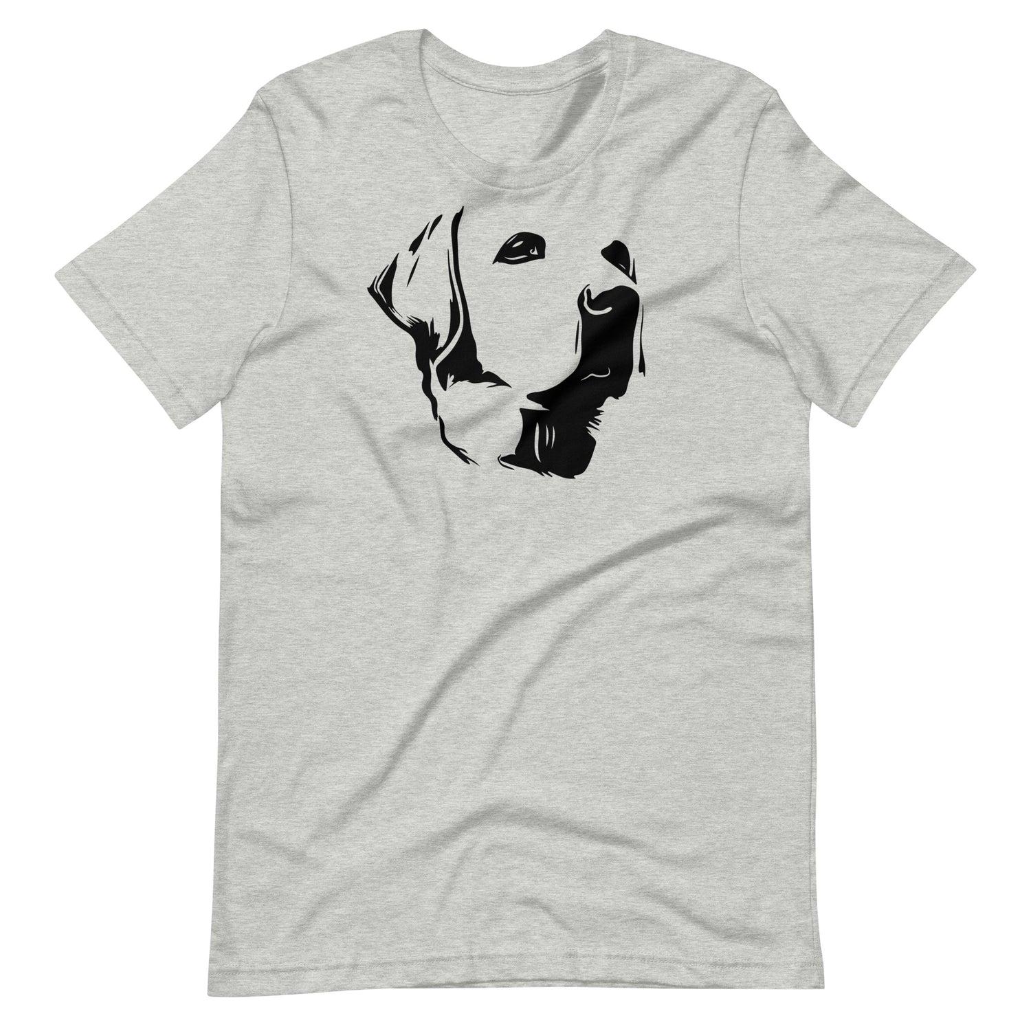 Black high contrast labrador dog head silhouette portrait art printed on an athletic heather gray unisex t-shirt front view
