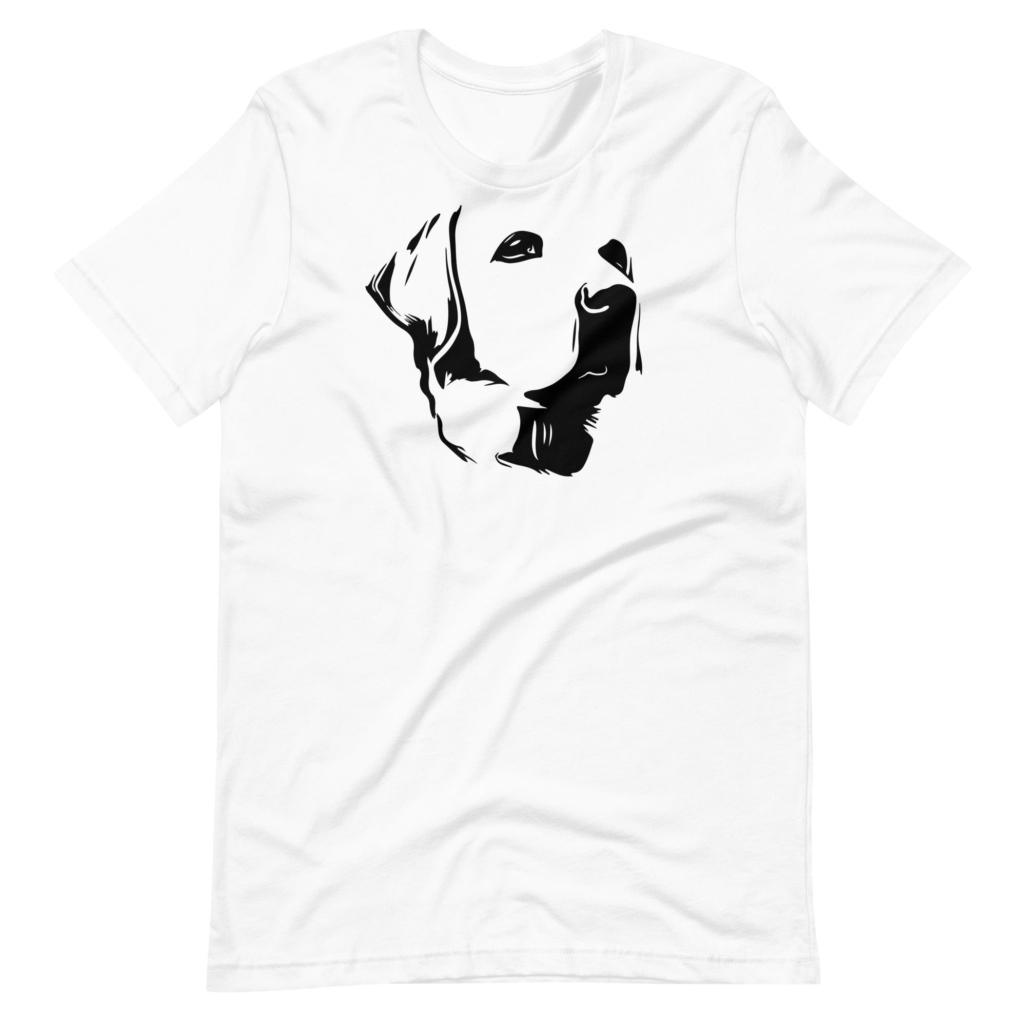 Black high contrast labrador dog head silhouette portrait art printed on a white unisex t-shirt front view