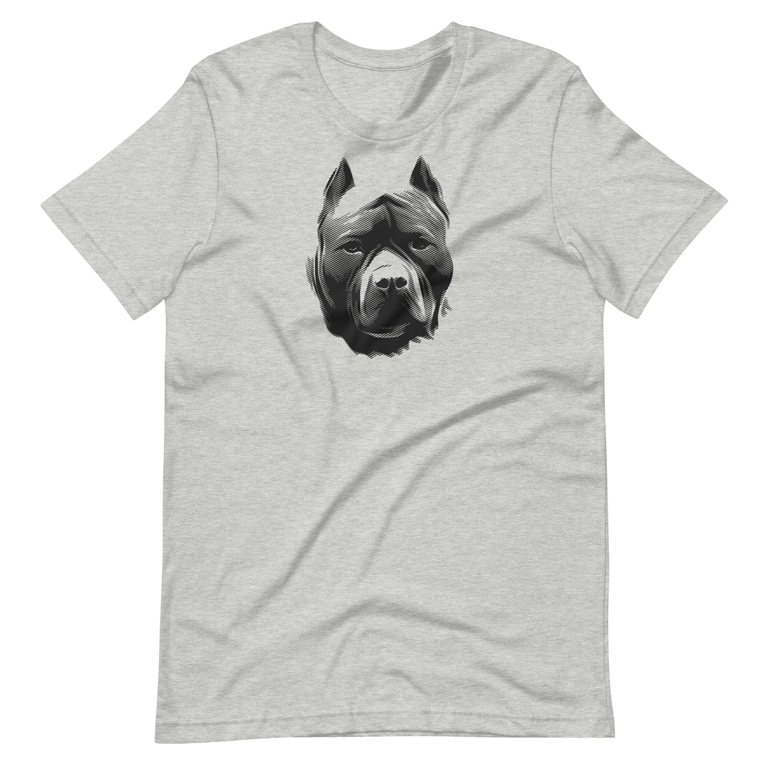Black high contrast pit bull dog head silhouette art printed on an athletic heather gray unisex t-shirt front view