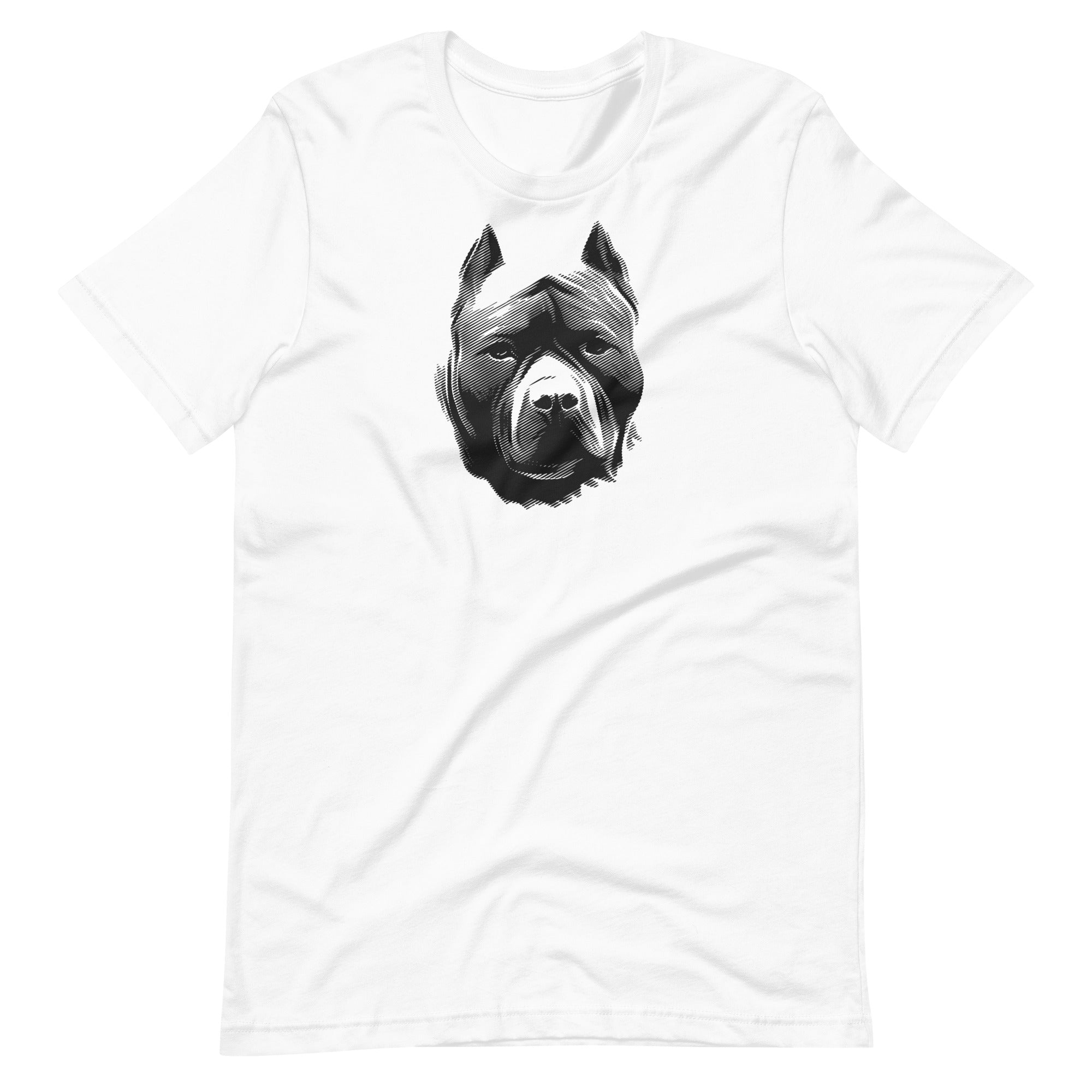 Black high contrast pit bull dog head silhouette art printed on a white unisex t-shirt front view
