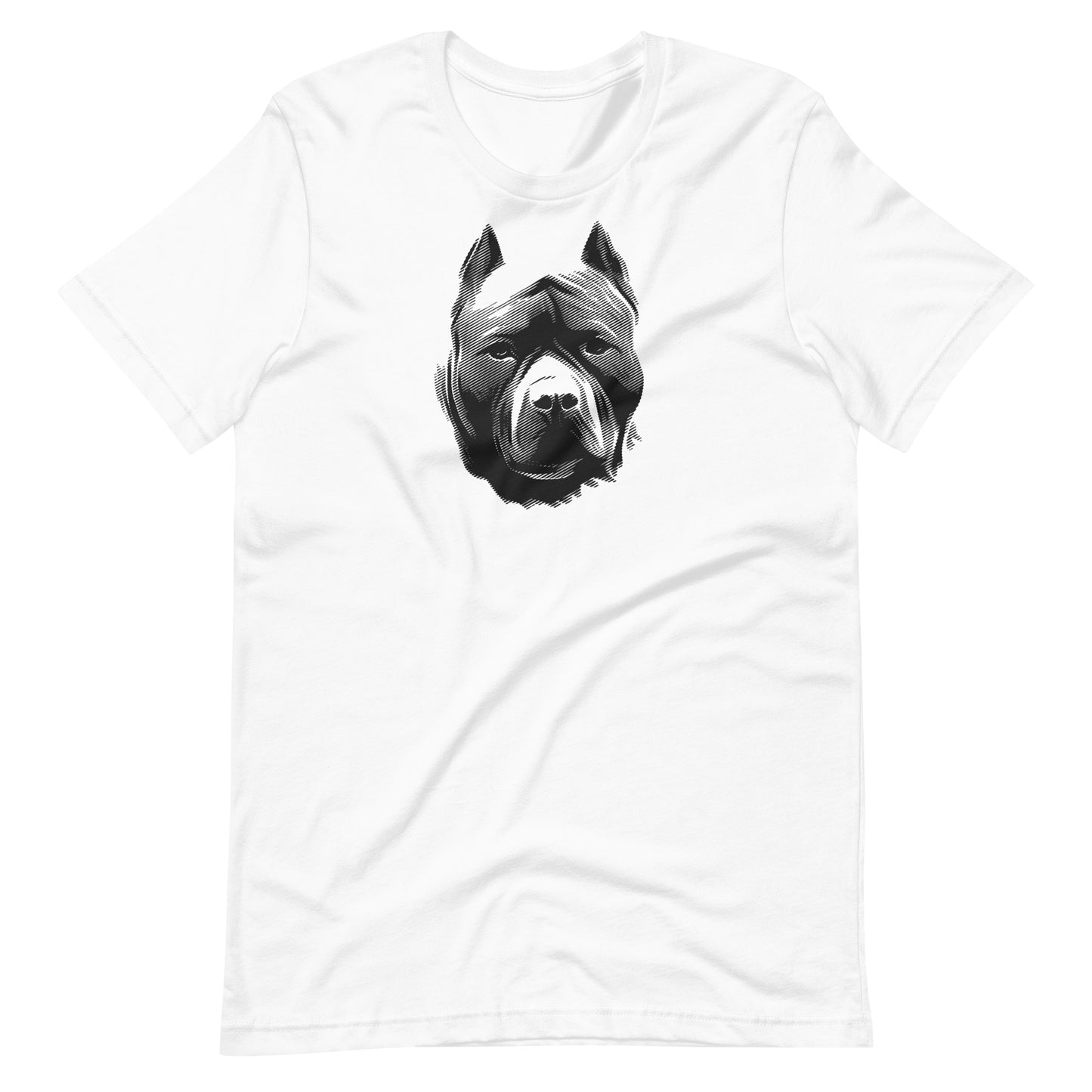 Black high contrast pit bull dog head silhouette art printed on a white unisex t-shirt front view