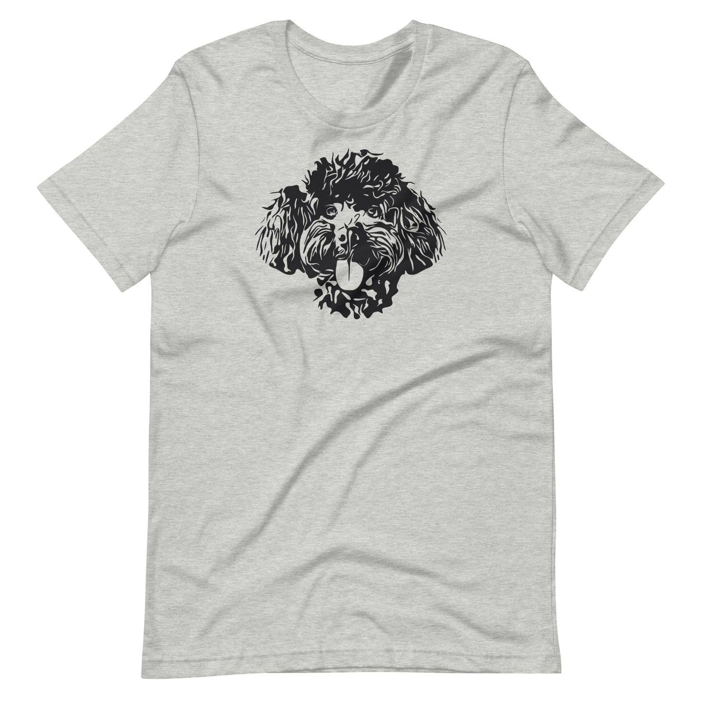 Black high contrast curly poodle dog head silhouette art printed on an athletic heather gray unisex t-shirt front view