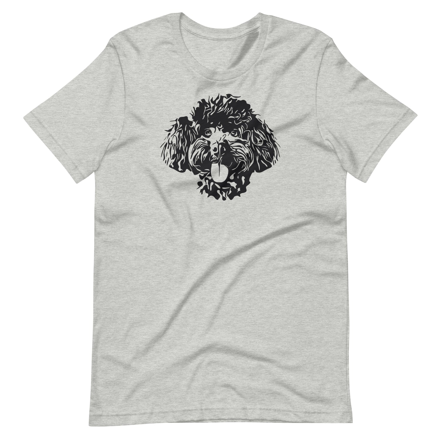 Black high contrast curly poodle dog head silhouette art printed on an athletic heather gray unisex t-shirt front view