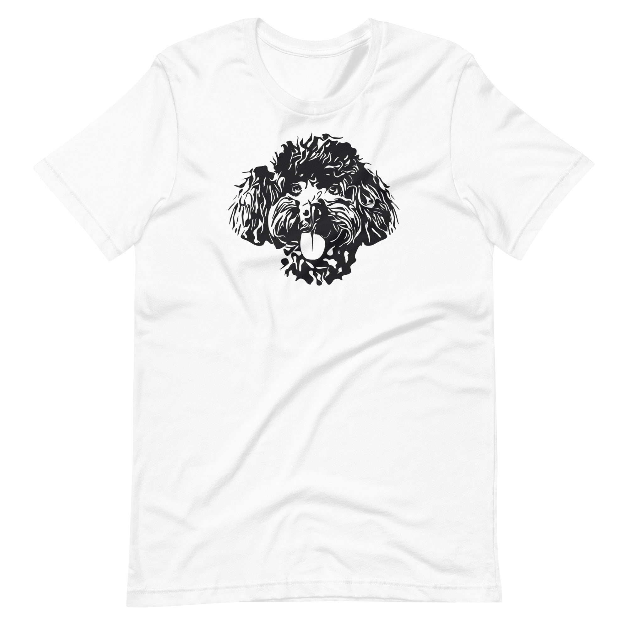 Black high contrast curly poodle dog head silhouette art printed on a white unisex t-shirt front view