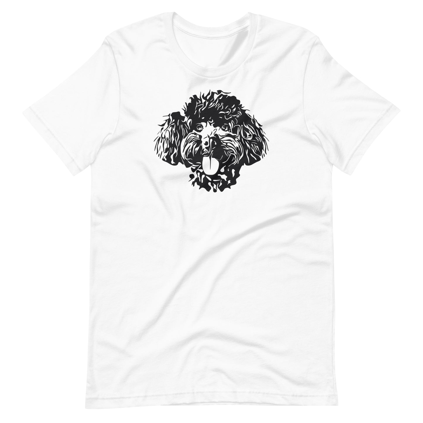 Black high contrast curly poodle dog head silhouette art printed on a white unisex t-shirt front view