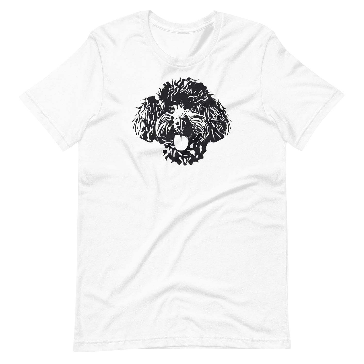 Black high contrast curly poodle dog head silhouette art printed on a white unisex t-shirt front view