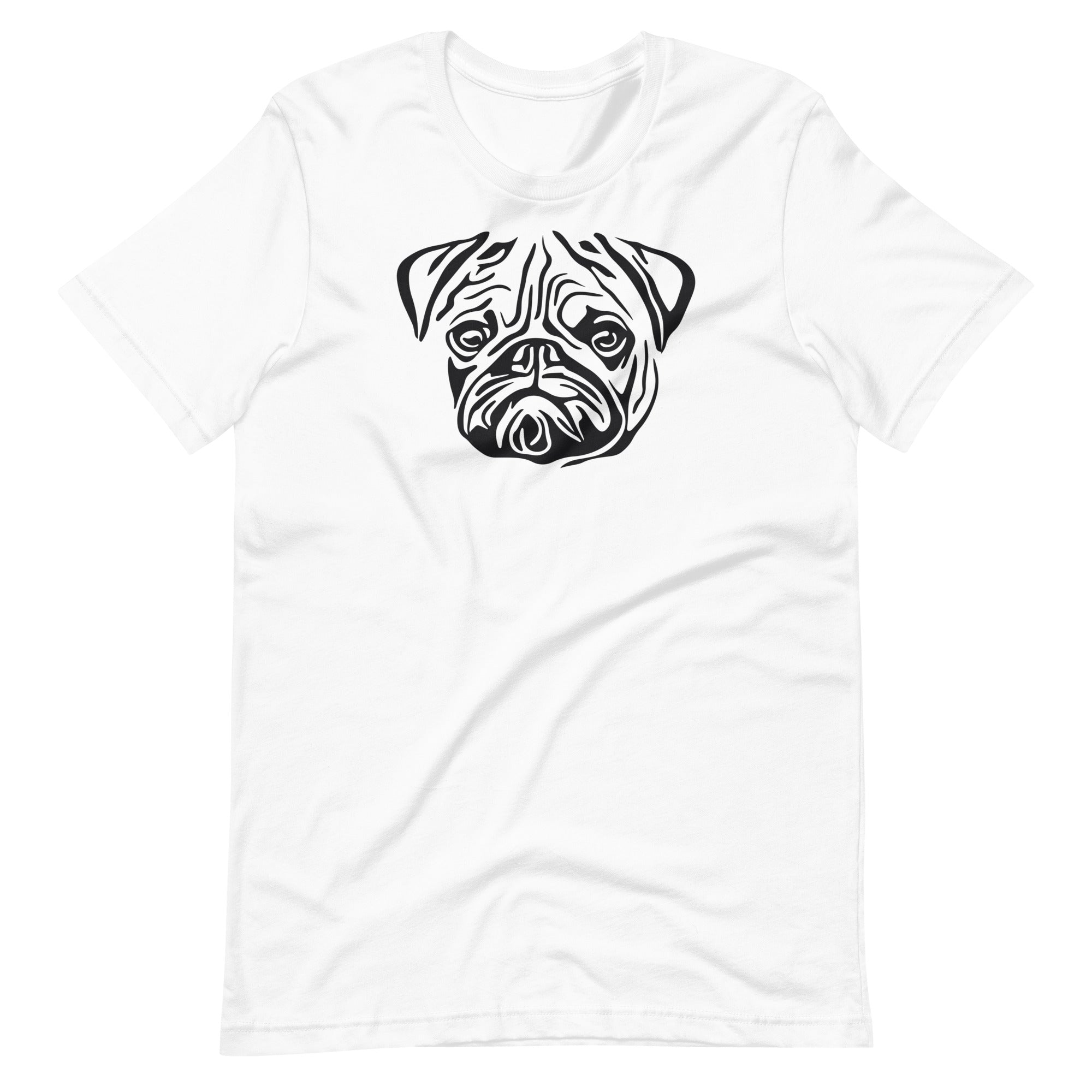 Black high contrast pug dog head silhouette art printed on a white unisex t-shirt front view