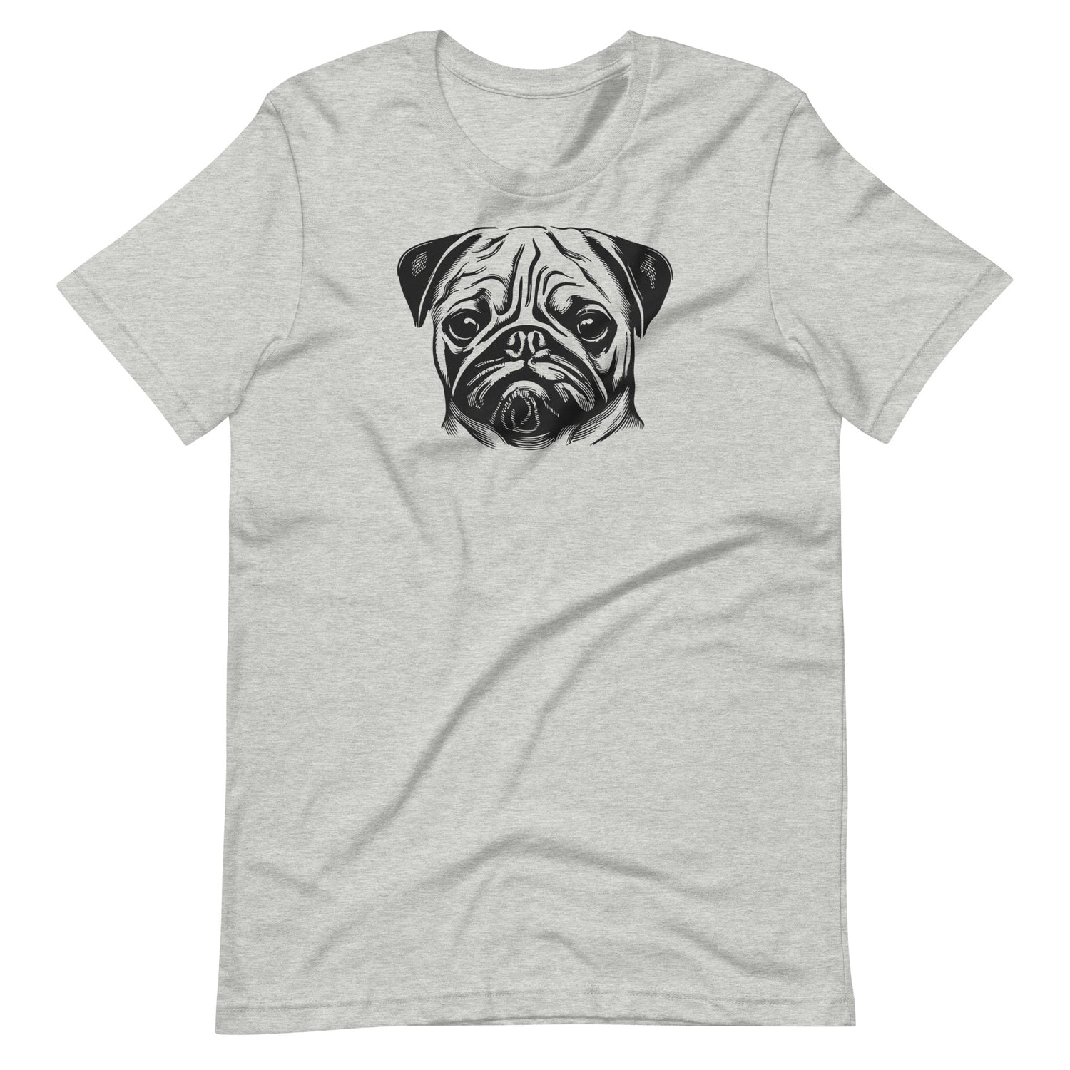 Black ink sketch art pug dog portrait printed on an athletic heather gray unisex t-shirt front view