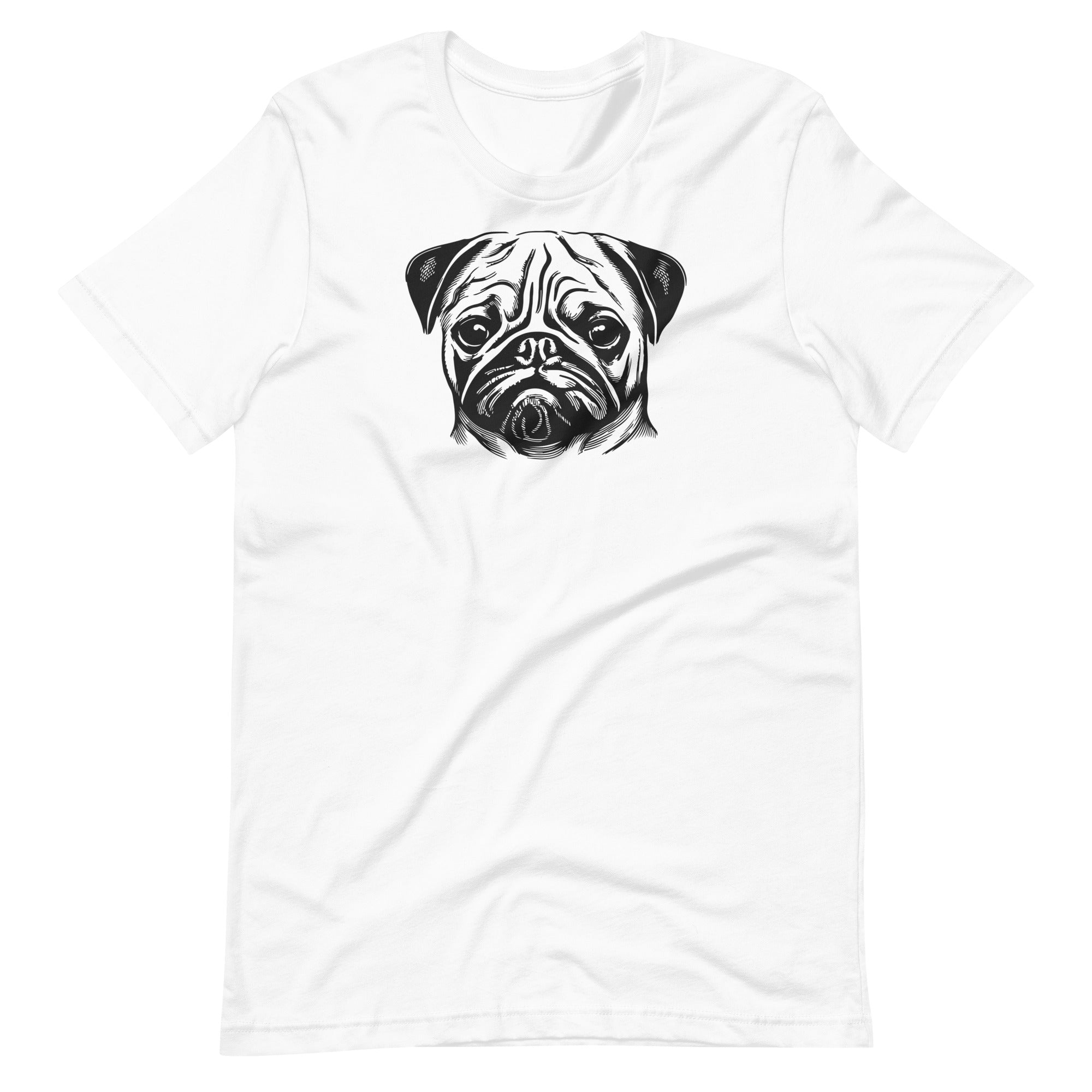 Black ink sketch art pug dog portrait printed on a white unisex t-shirt front view