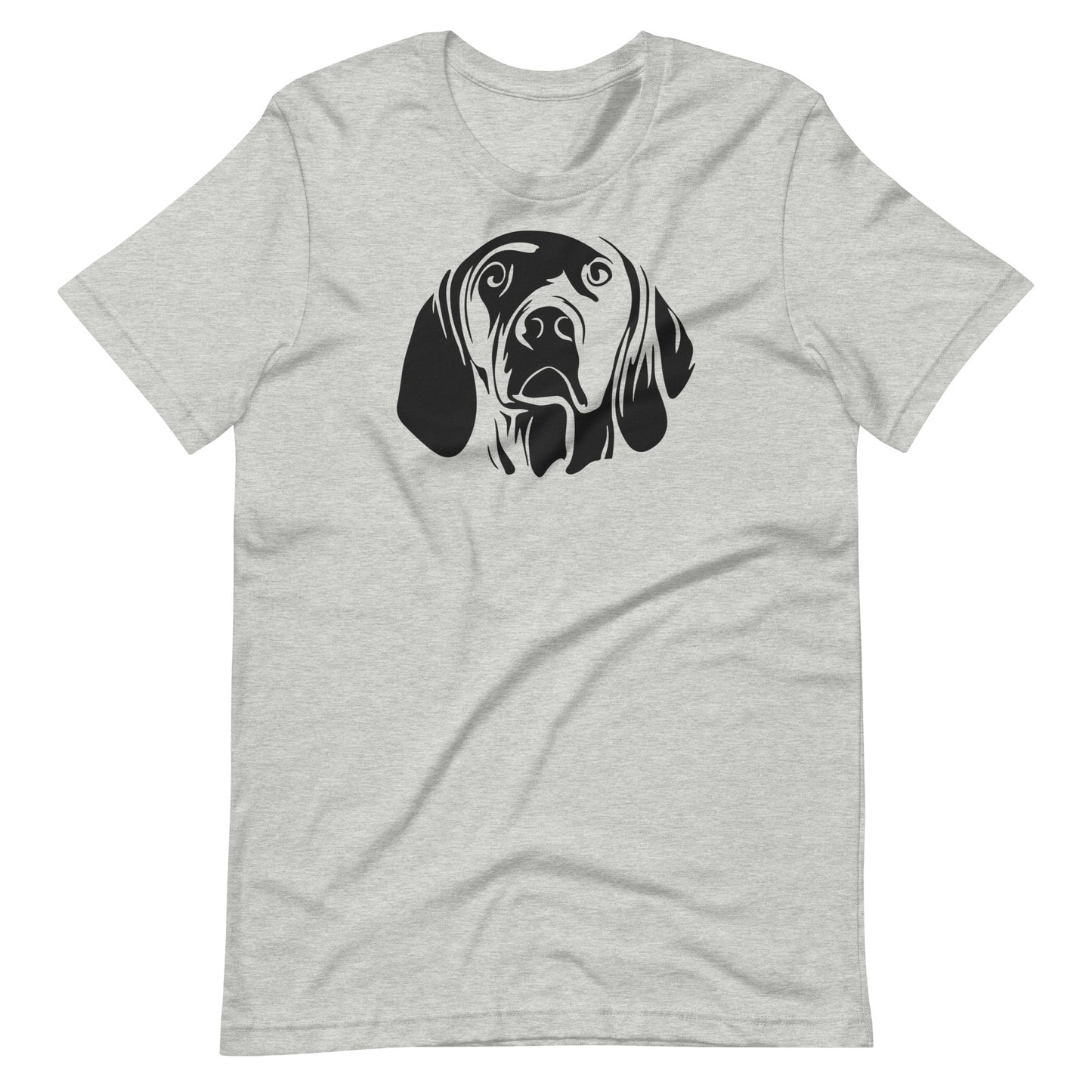 Black high contrast vizsla dog head silhouette art printed on an athletic heather gray unisex t-shirt front view