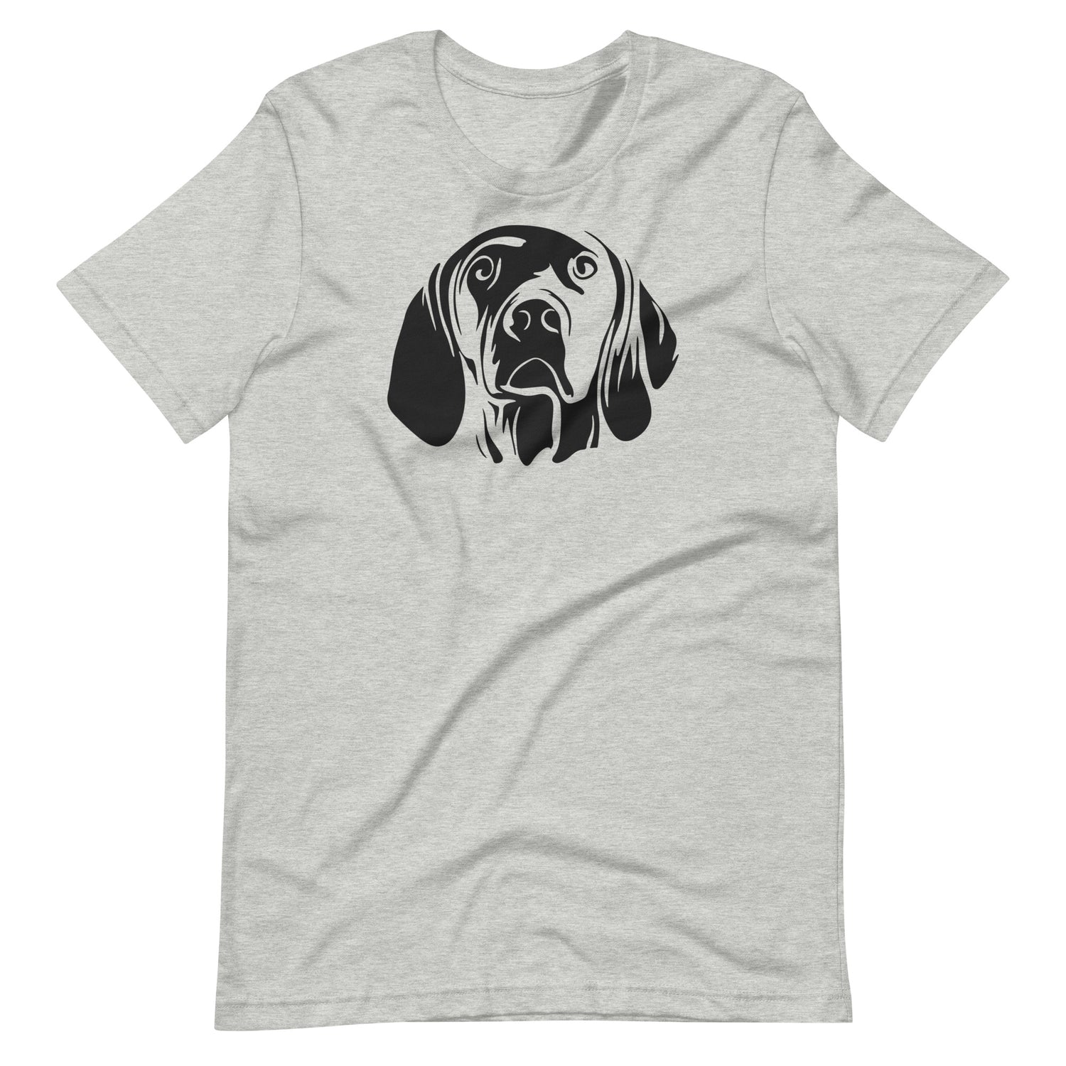Black high contrast vizsla dog head silhouette art printed on an athletic heather gray unisex t-shirt front view