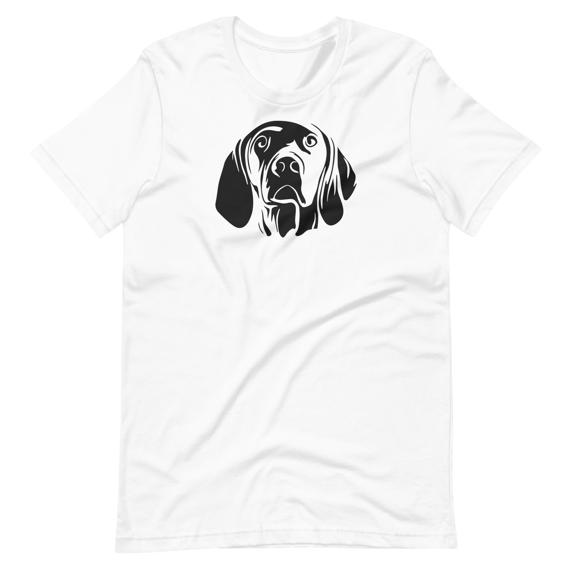 Black high contrast vizsla dog head silhouette art printed on a white unisex t-shirt front view