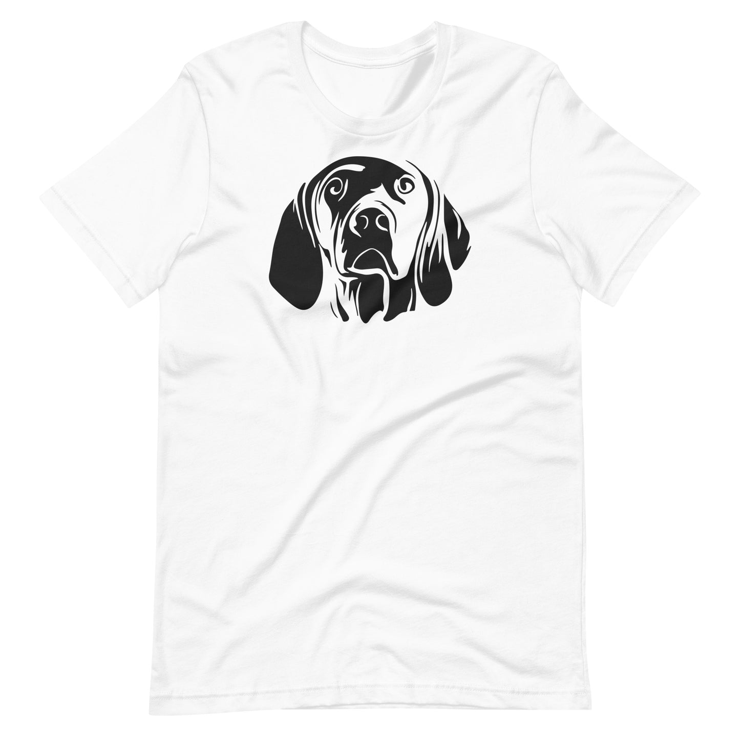 Black high contrast vizsla dog head silhouette art printed on a white unisex t-shirt front view