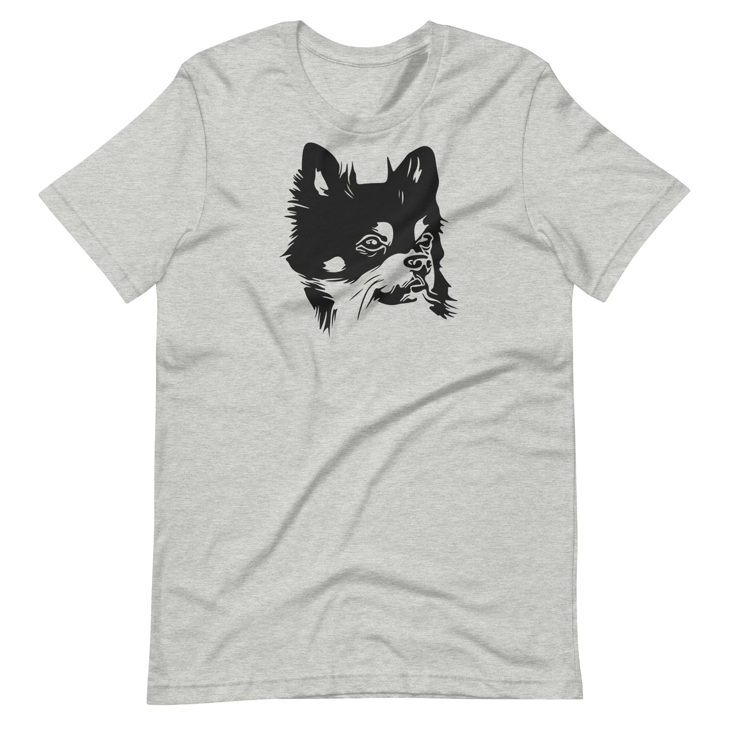 Black ink linework long-haired Chihuahua dog portrait printed on an athletic heather gray unisex t-shirt front view