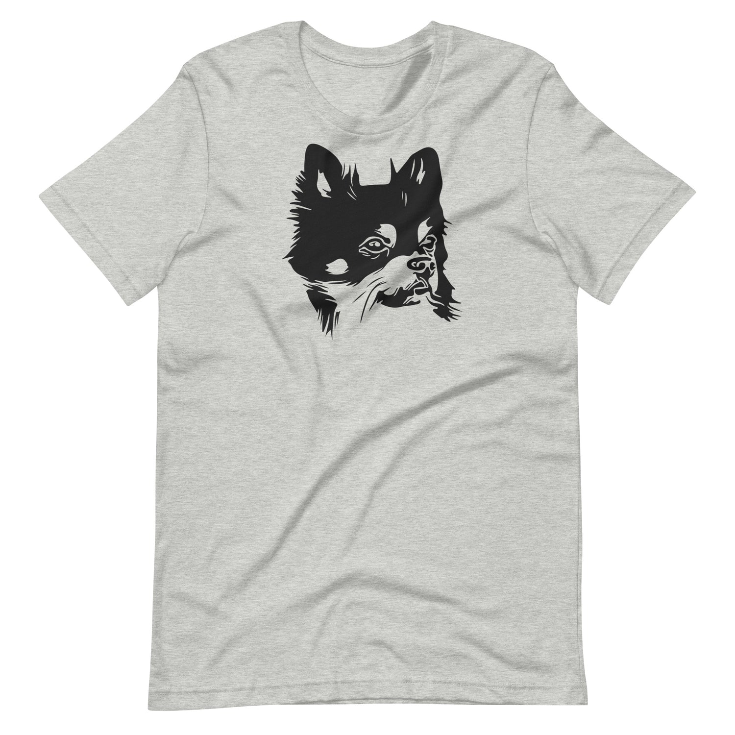 Black ink linework long-haired Chihuahua dog portrait printed on an athletic heather gray unisex t-shirt front view