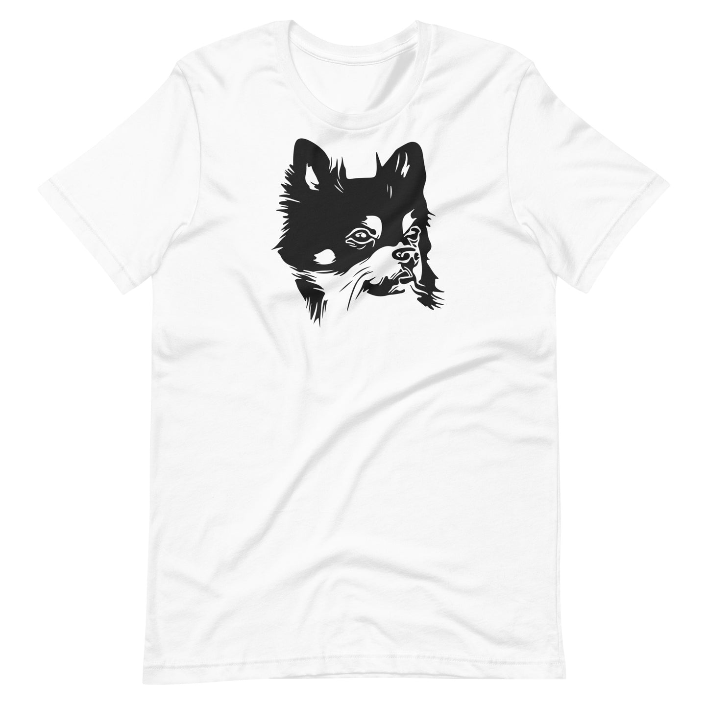 Black ink linework long-haired Chihuahua dog portrait printed on a white unisex t-shirt front view