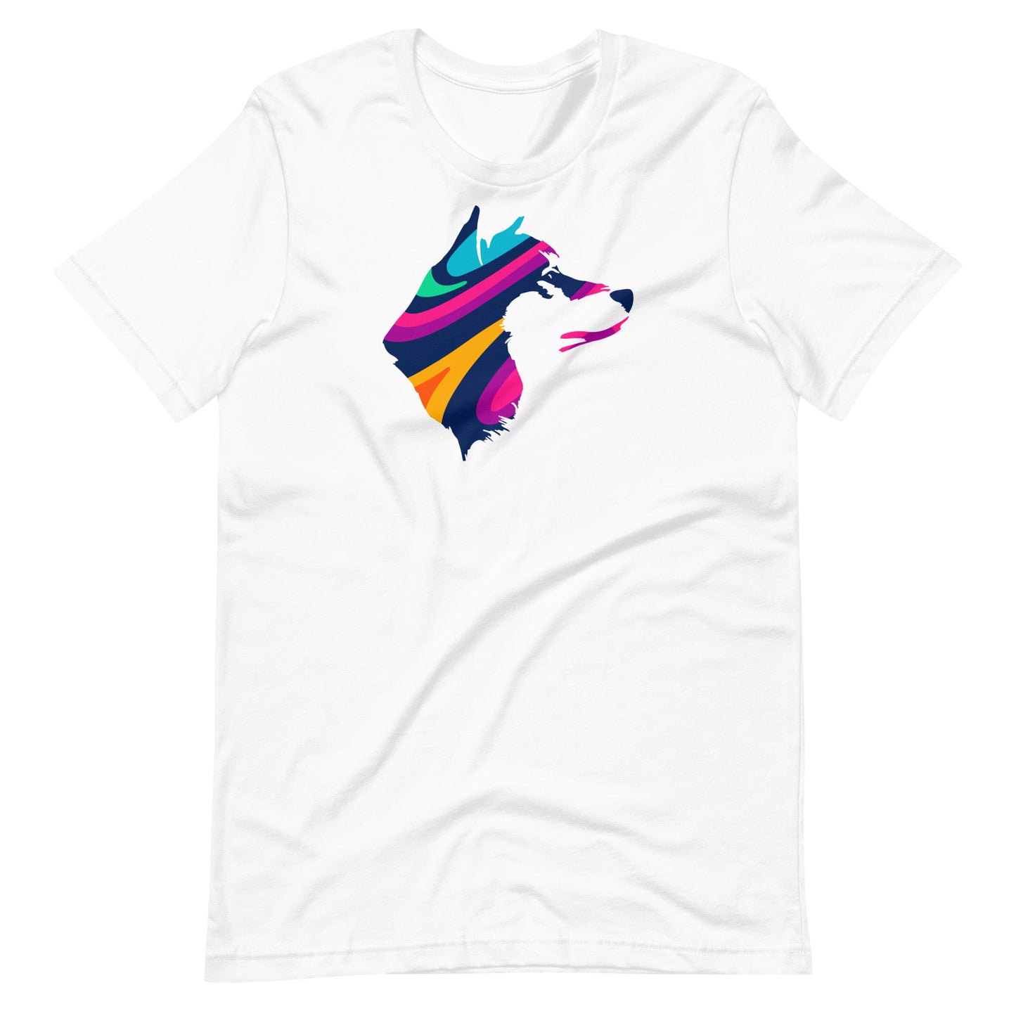 Vibrant colorful abstract akita dog pop art portrait printed on a white unisex t-shirt front view