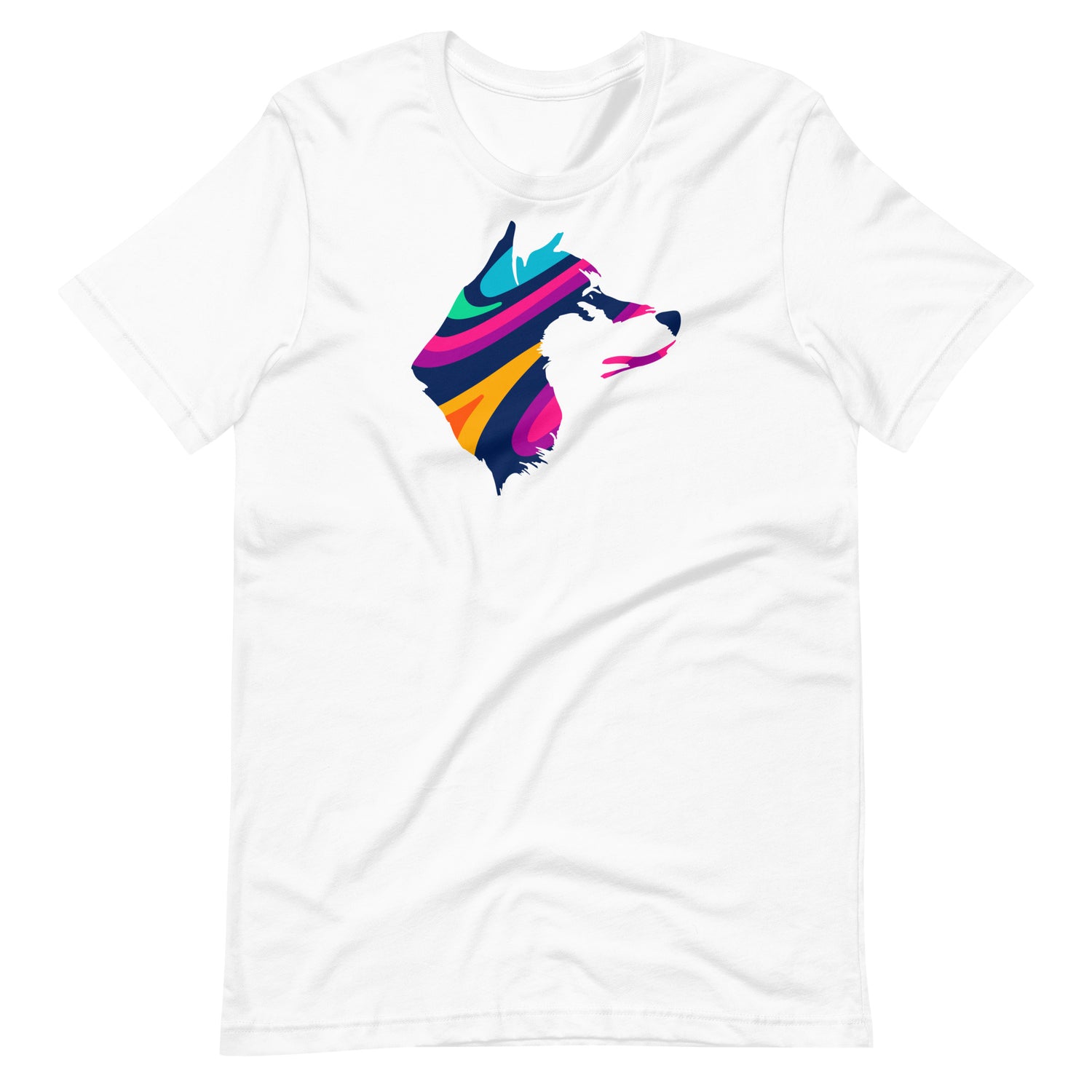 Vibrant colorful abstract akita dog pop art portrait printed on a white unisex t-shirt front view