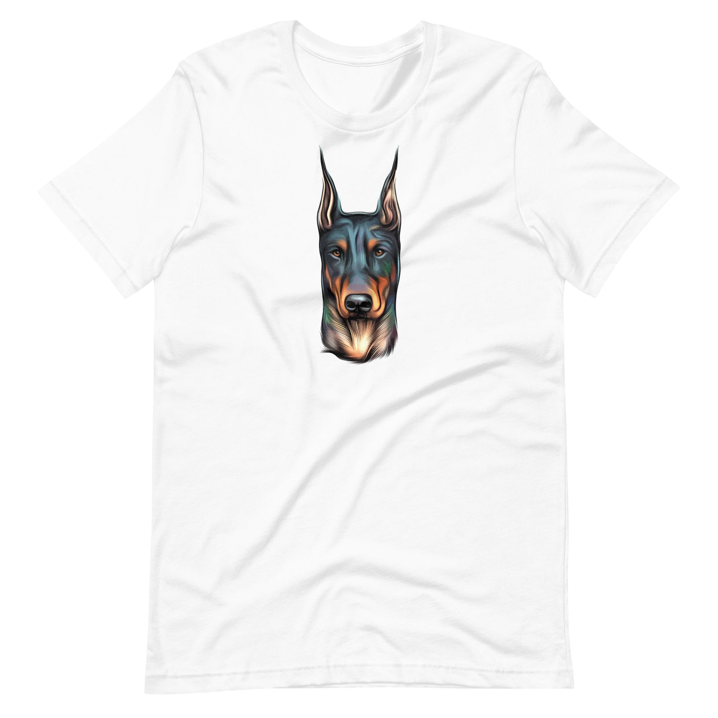 Vibrant colorful doberman dog pop art portrait printed on a white unisex t-shirt front view
