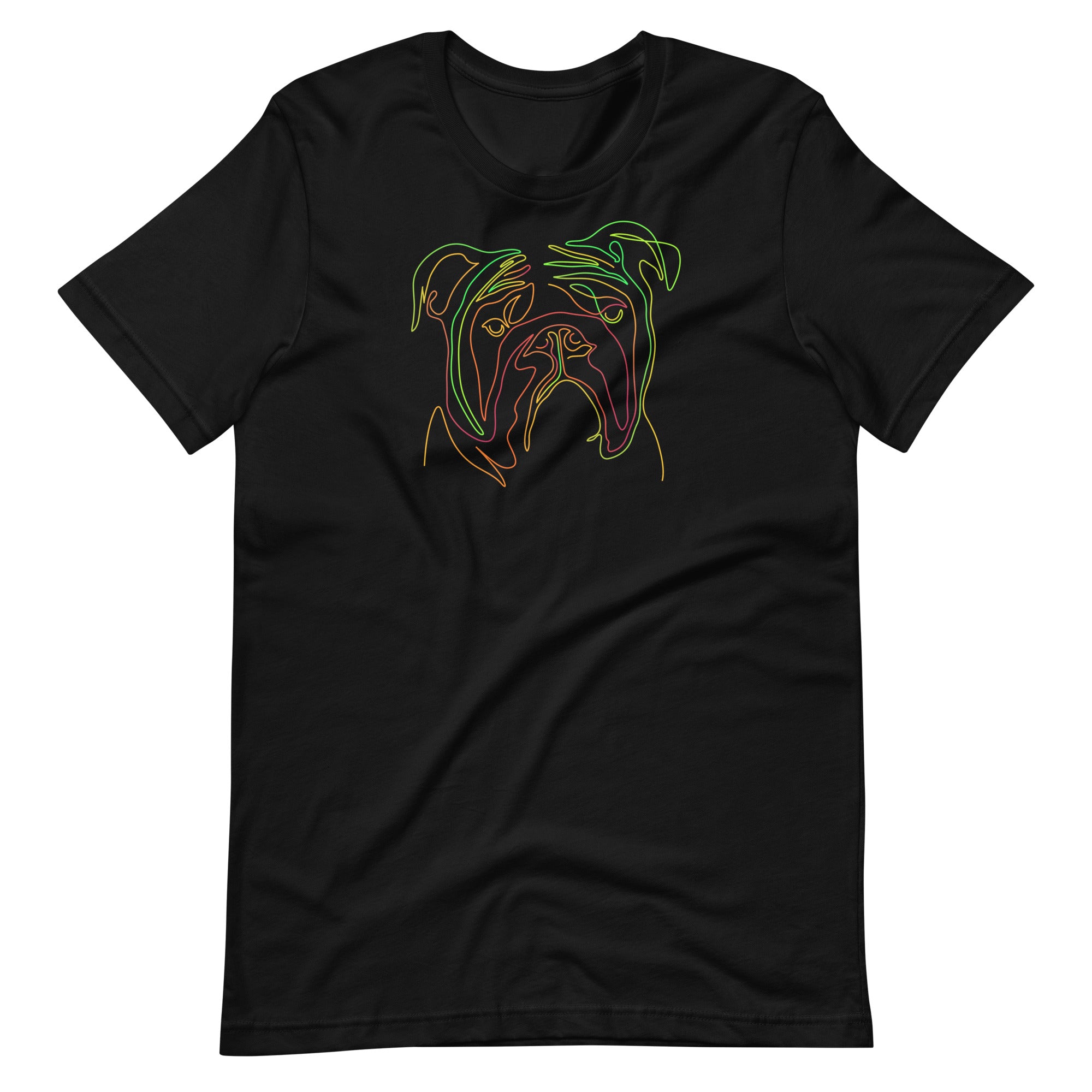 Vibrant colorful neon one line art bulldog portrait printed on a black unisex t-shirt front view