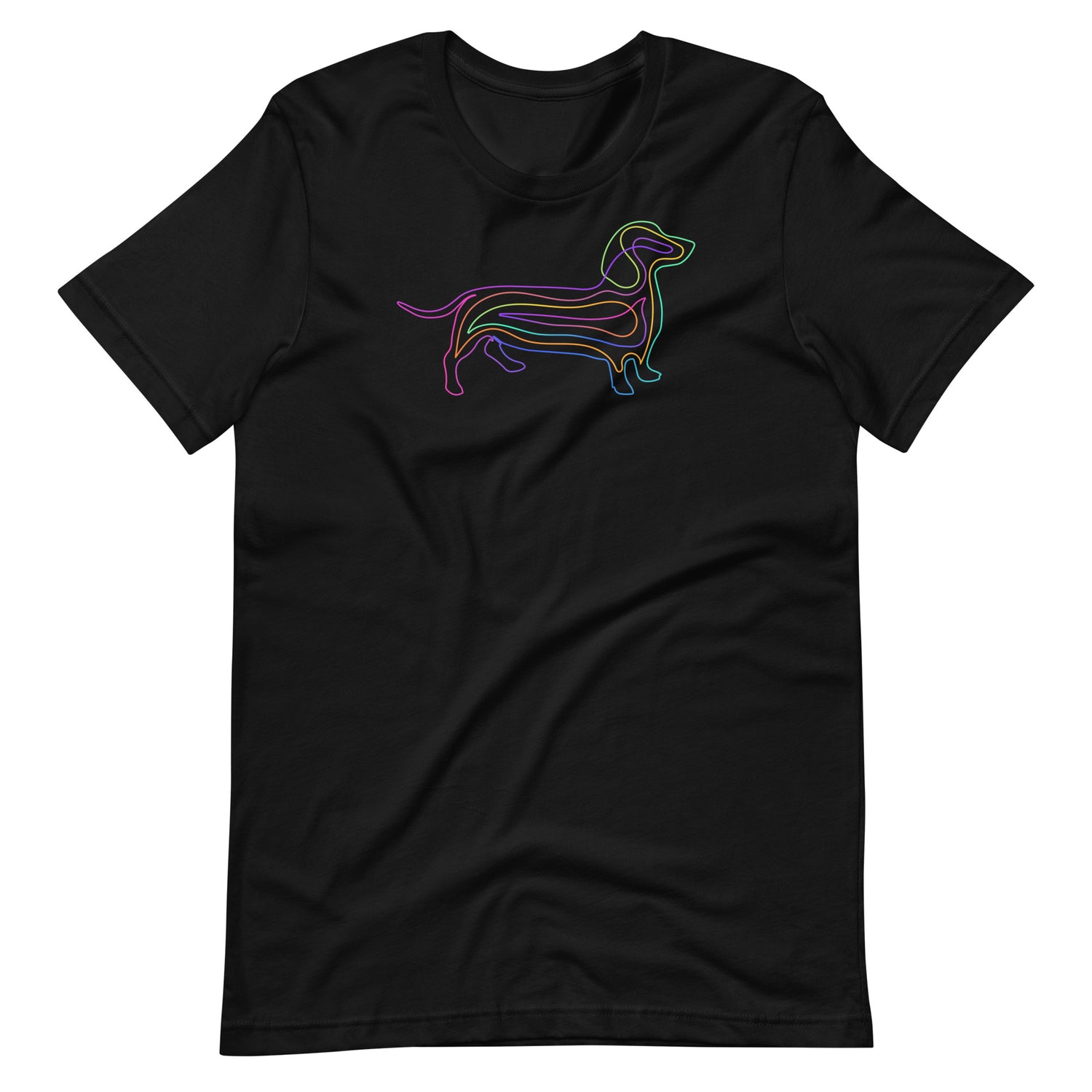 Vibrant colorful neon one line art dachshund wiener dog silhouette printed on a black unisex t-shirt front view