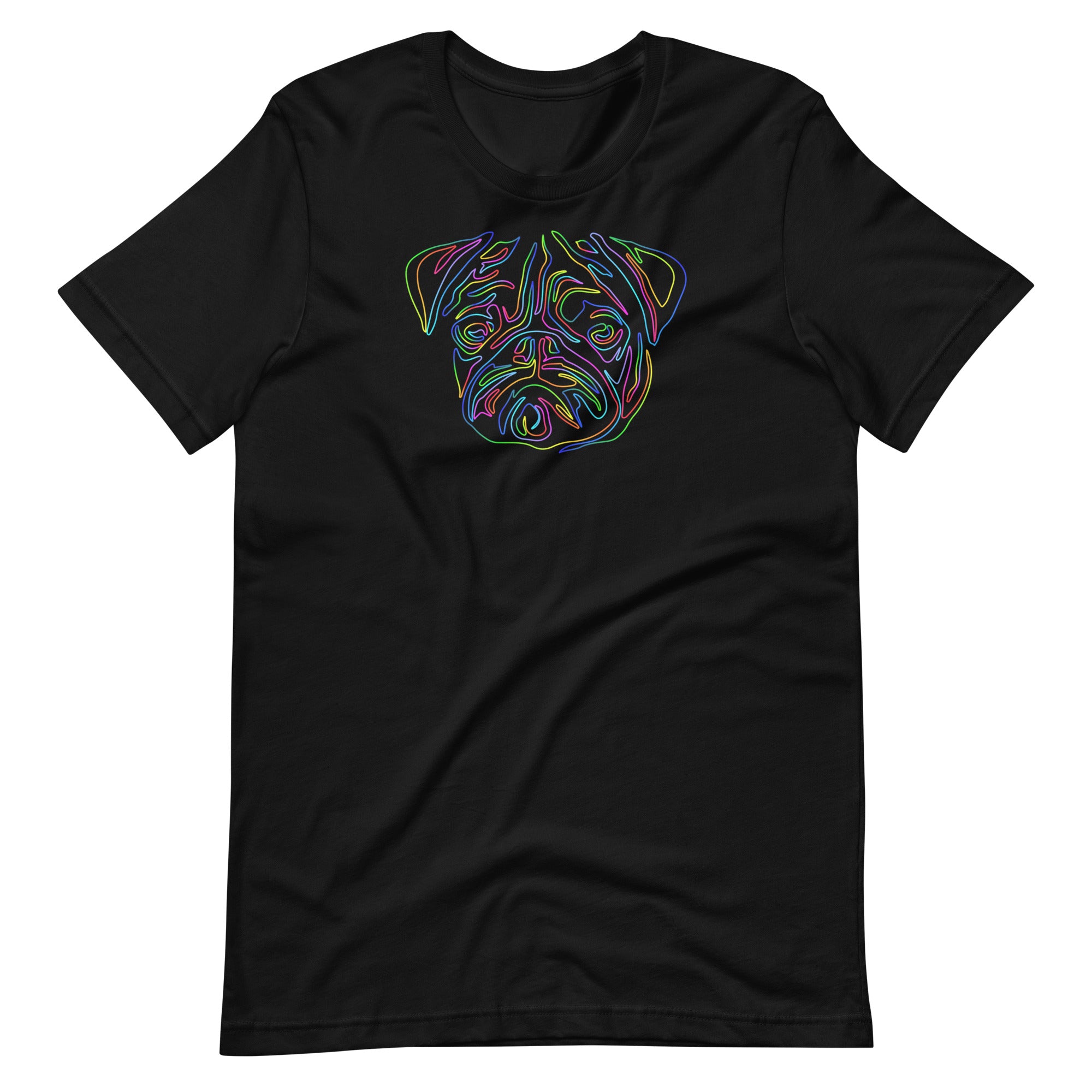 Vibrant colorful neon one line art pug dog portrait printed on a black unisex t-shirt front view