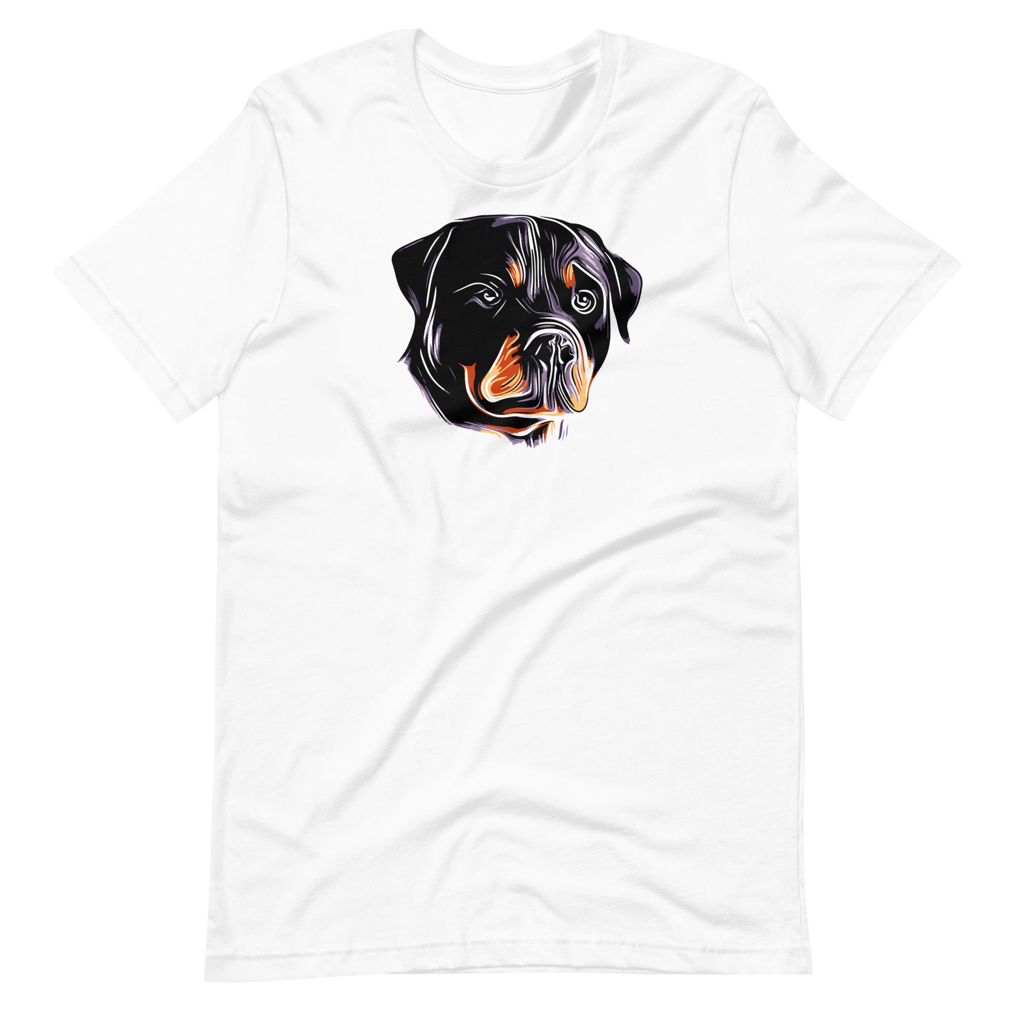 Vibrant colorful rottweiler dog pop art portrait printed on a white unisex t-shirt front view