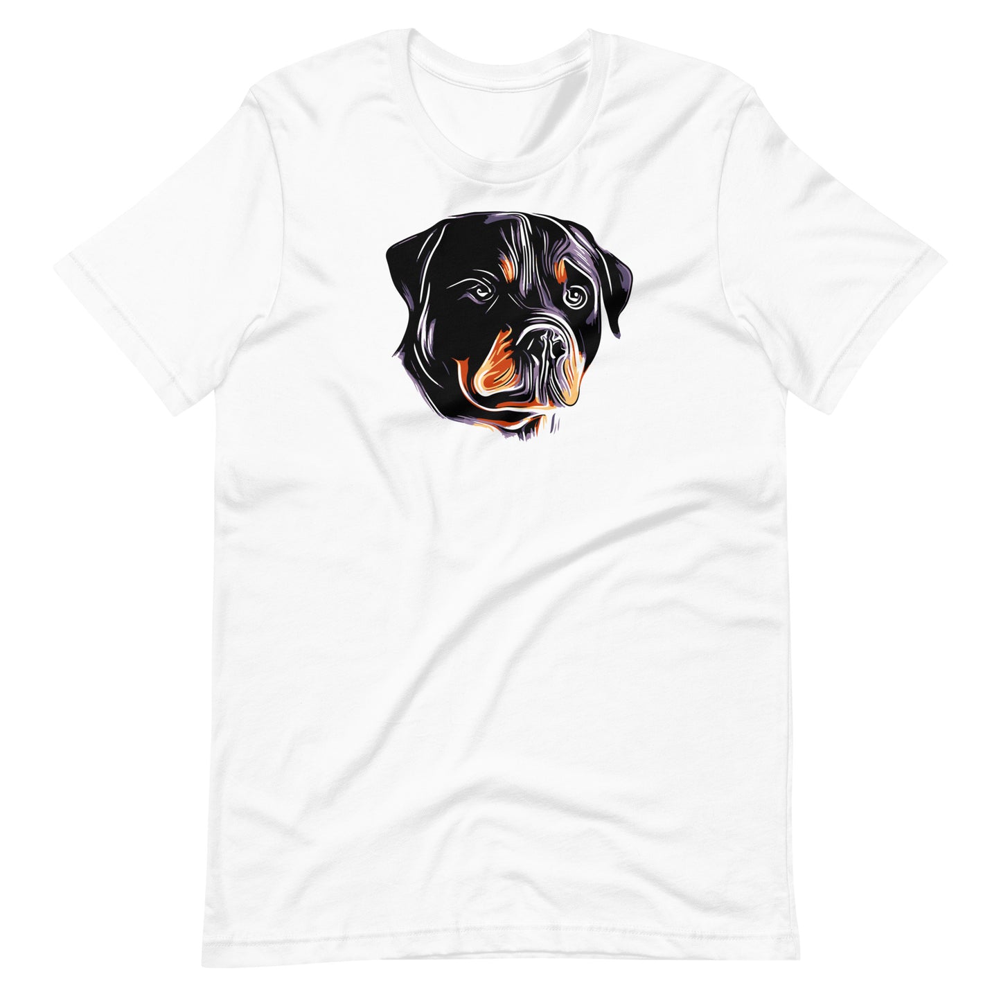 Vibrant colorful rottweiler dog pop art portrait printed on a white unisex t-shirt front view