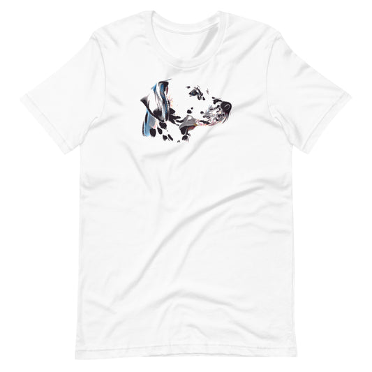 Stylized halftone dalmatian dog portrait printed on a white unisex t-shirt front view